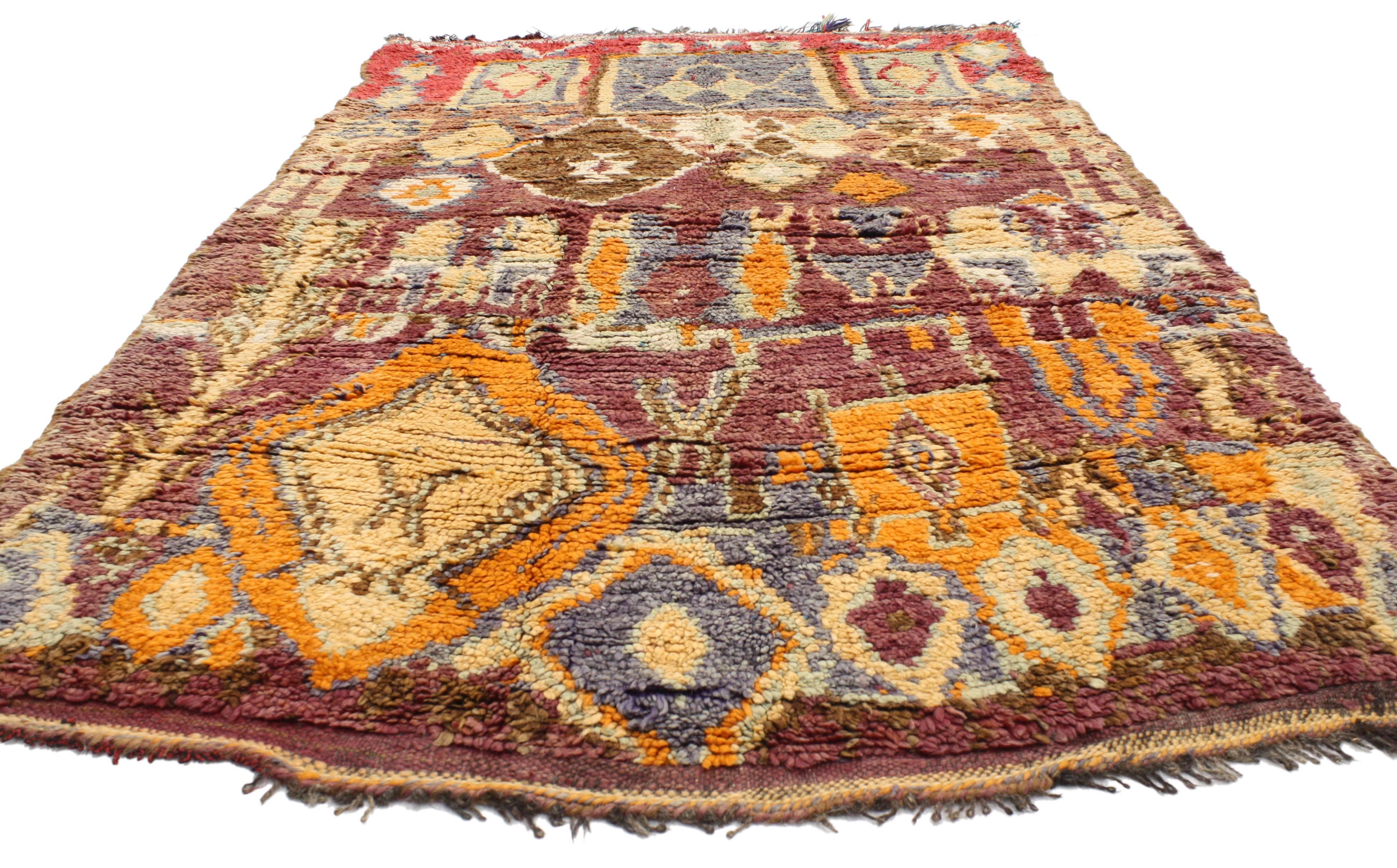 20632 Vintage Berber Moroccan Rug with Modern Tribal Style. Impeccably woven from hand-knotted wool and displaying a modern tribal style, this vintage Berber Moroccan rug features symbolic Berber tribal motifs in an abrashed field. Blending the