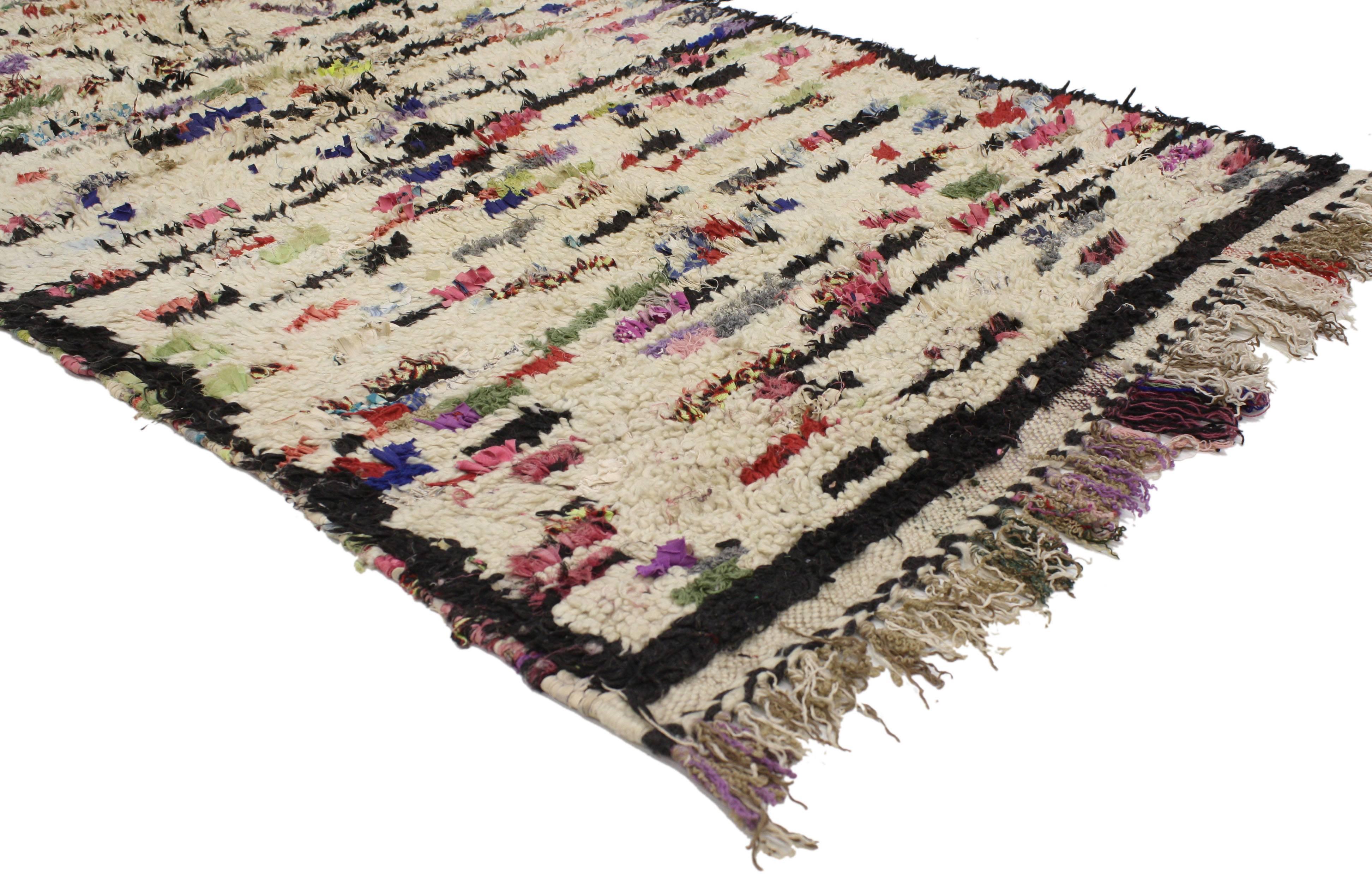 20625, Vintage Berber Moroccan Azilal Rug with Abstract Expressionist Post-Modern Style. Lacking a written language, Berber tribe weavers incorporated ancestral myths into their textiles using symbols and archaic images. This vintage Berber Moroccan