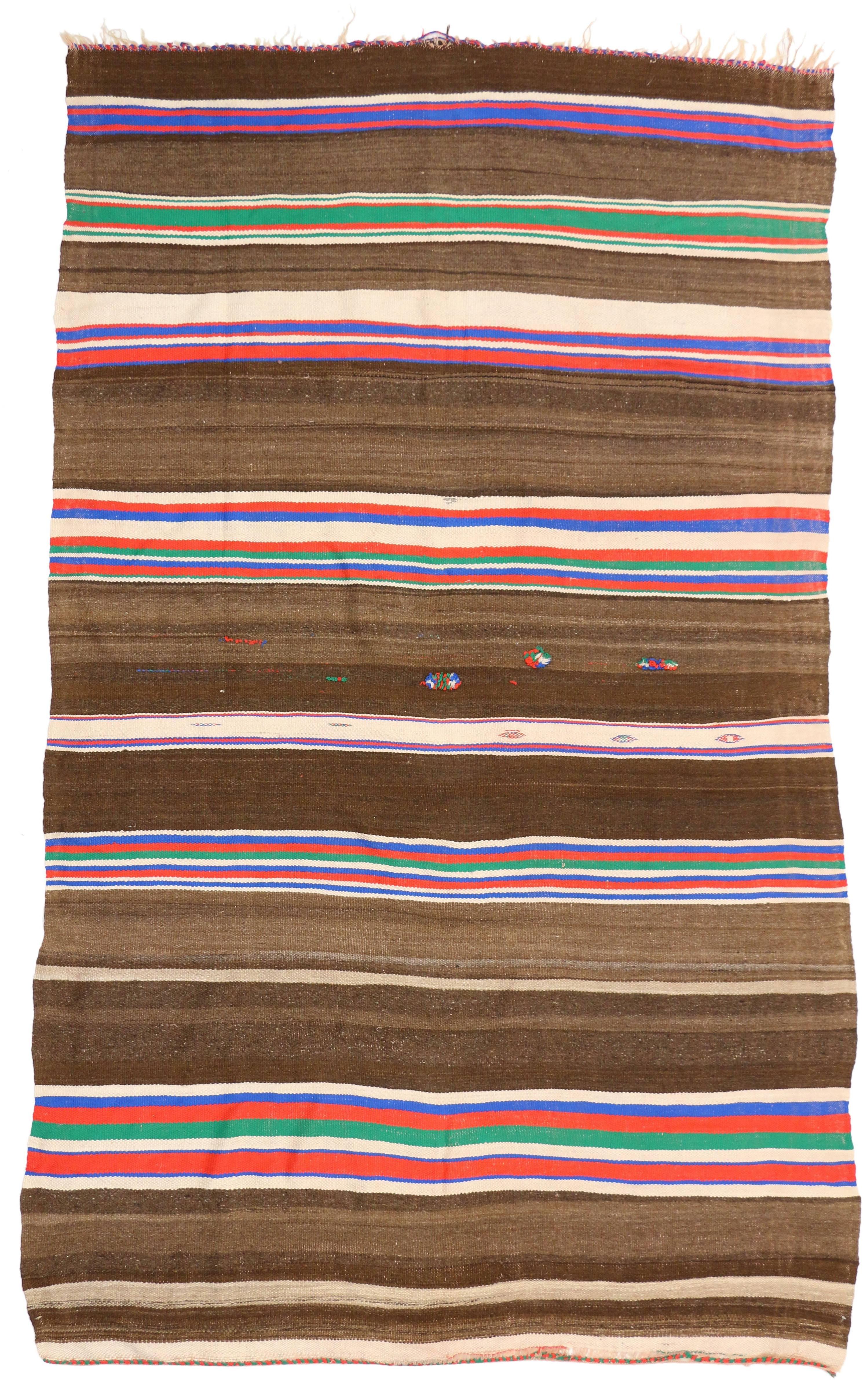 20550 Vintage Berber Striped Moroccan Kilim Rug with Tribal Style 06'02 x 10'05. With its lively colors and rugged beauty, this hand-woven wool vintage Berber Moroccan striped kilim rug manages to meld contemporary, modern, and traditional design