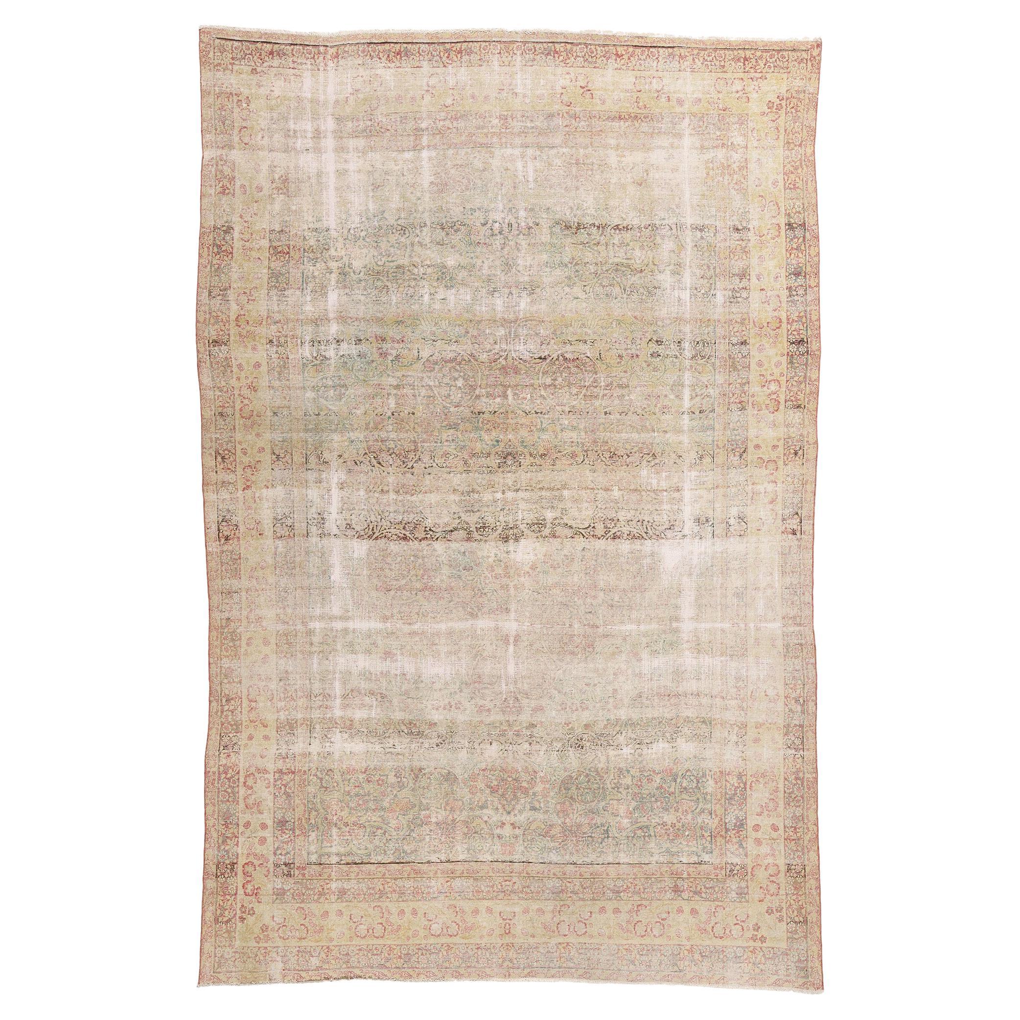 1930's Distressed Persian Kerman Carpet mit Modern Renaissance Style