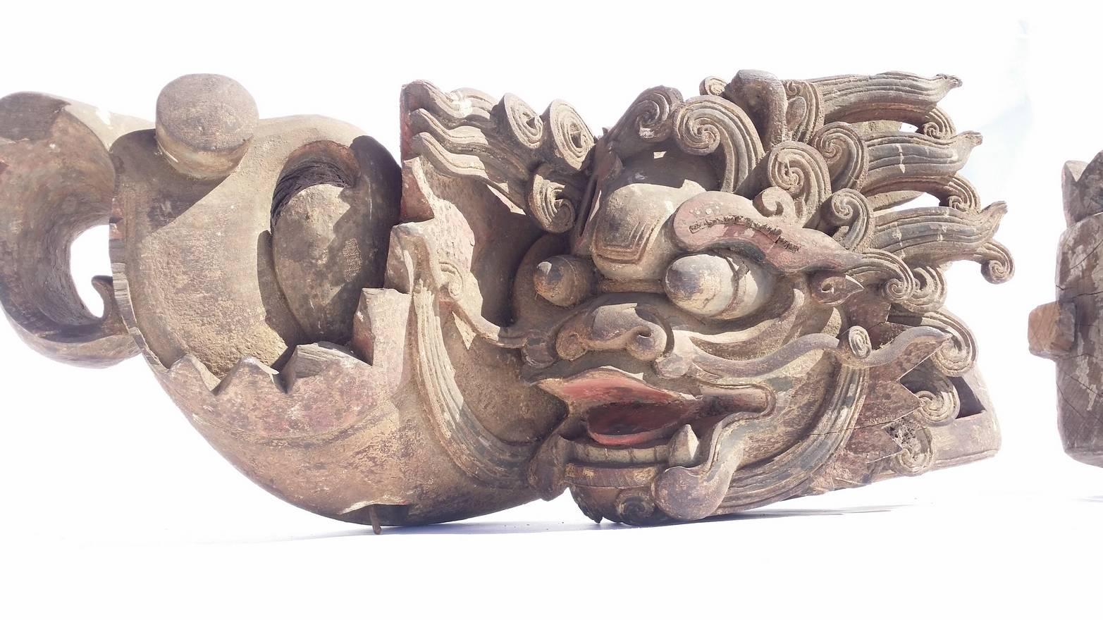 Pair of carved wood Balinese architectural elements. Likely late 18th, early 19th century. Exquisitely carved, depicting 