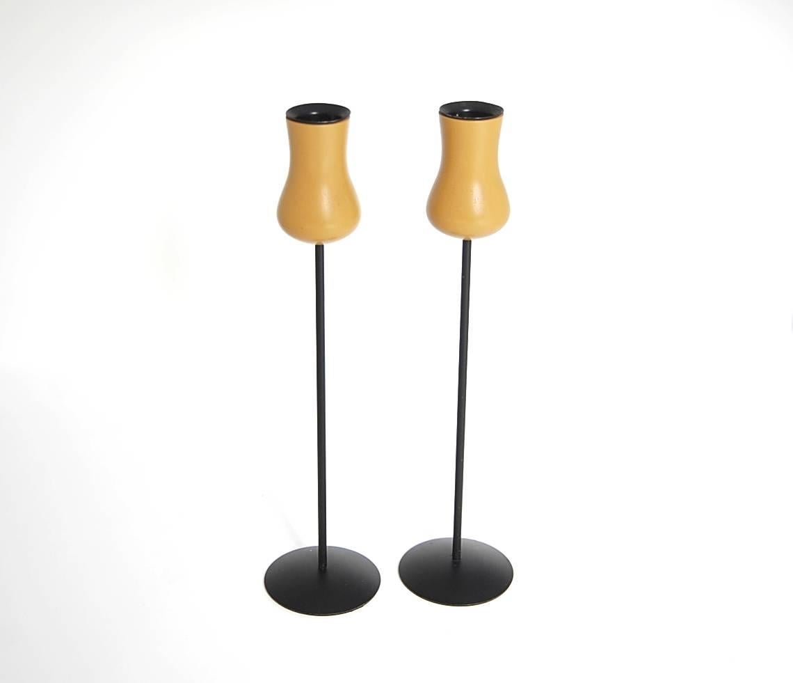 Pair of Torben Orskov candlesticks, circa 1968, Denmark. Steel and lacquered wood. Measure 11 1/4