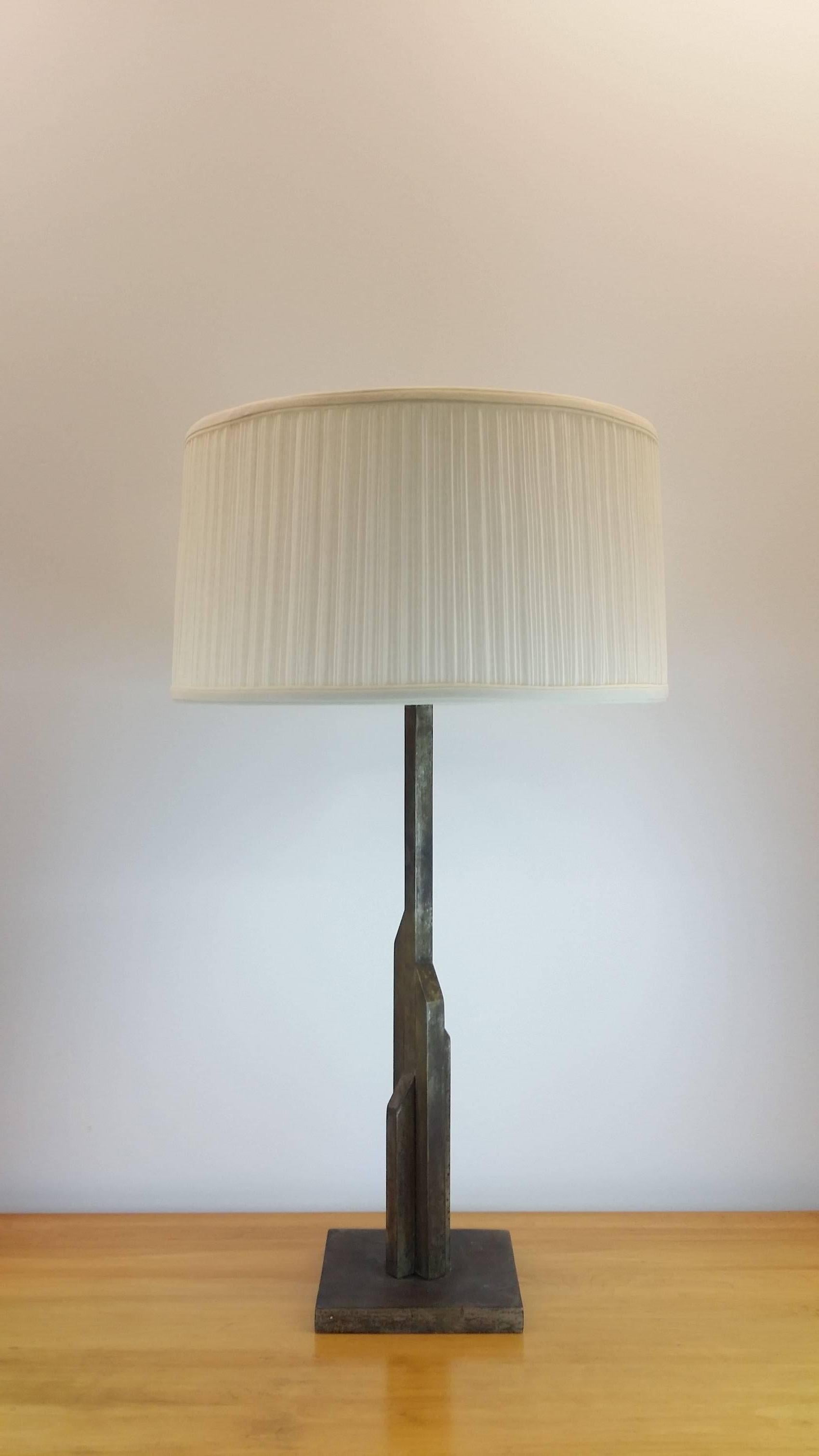 Large deco skyscraper style table lamp in the manner of Jules Bouy, circa 1935. As with all of our vintage lighting, this has been professionally rewired for safety, including a high quality in-line rocker switch. Measures: Stands 31 1/2