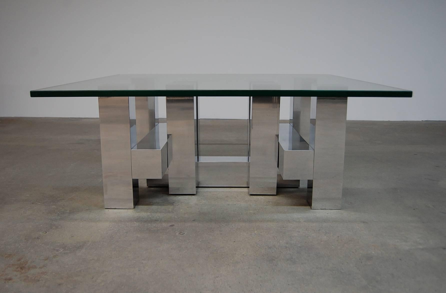 Large architectural cocktail table by Paul Mayen, for Habitat International, circa 1968. Polished aluminum base with 3/4