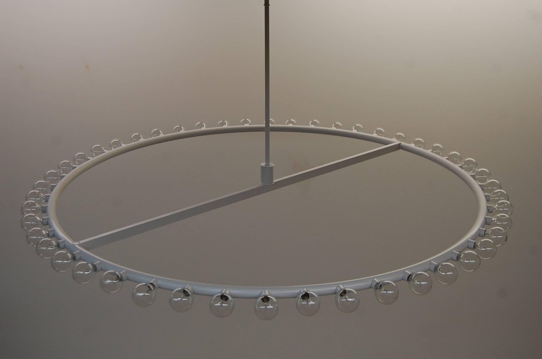 Alvin Lustig for Lightolier "Ring of Light" chandelier, circa 1966. Fixture is completely restored, including new satin white finish, and has also been re-wired for safety. Currently in a "satin white", we can finish this fixture