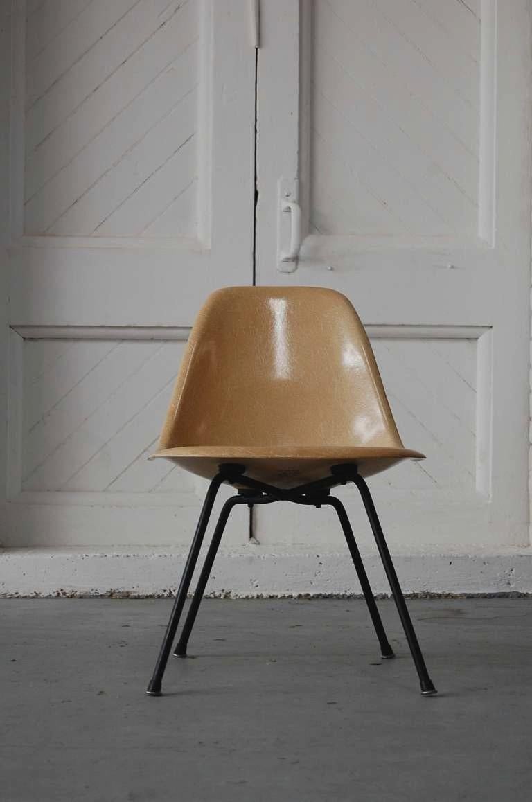 Early Eames MSX (medium / side / x-base) fiberglass chair, circa 1955. Color is 