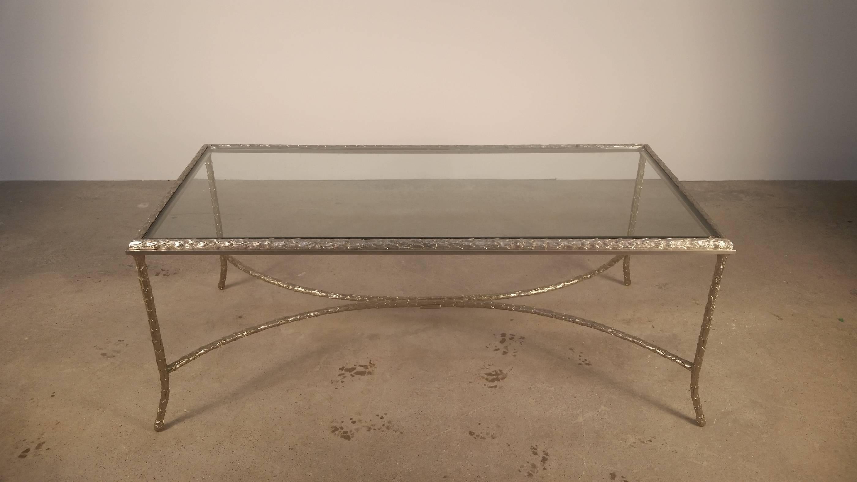 Large bronze and glass coffee table by Maison Baguès, French, 1940s, with seldom seen silvered finish.