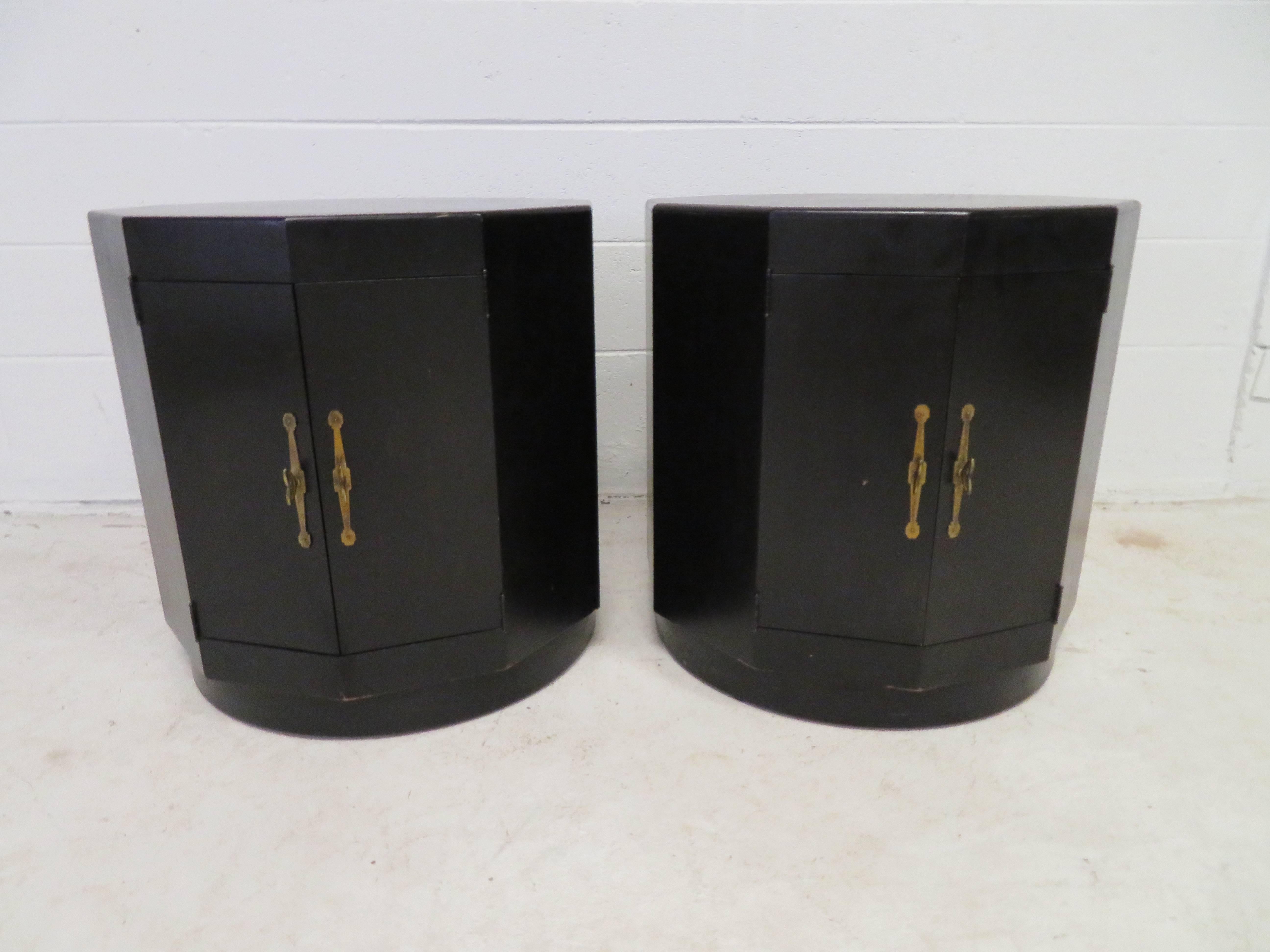 Wonderful pair of Harvey Probber attributed black octagon side drum tables. This pair retains their original black lacquered finish in very nice vintage condition-does have some scuffs and dings but gives them authentic charm. Double doors open to