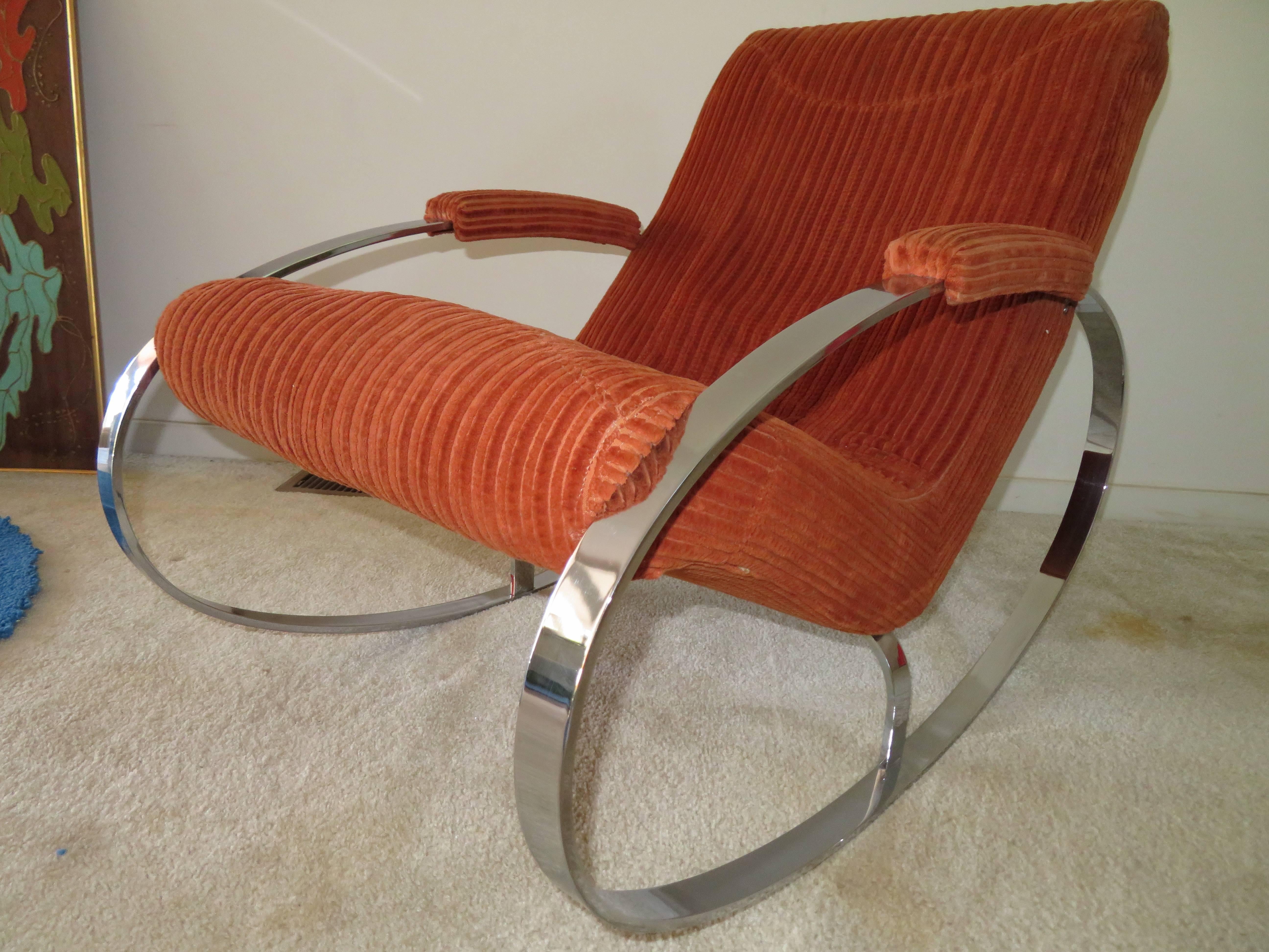 Gorgeous Milo Baughman Chrome Flatbar Oval Rocking Chair Mid-Century Modern 1