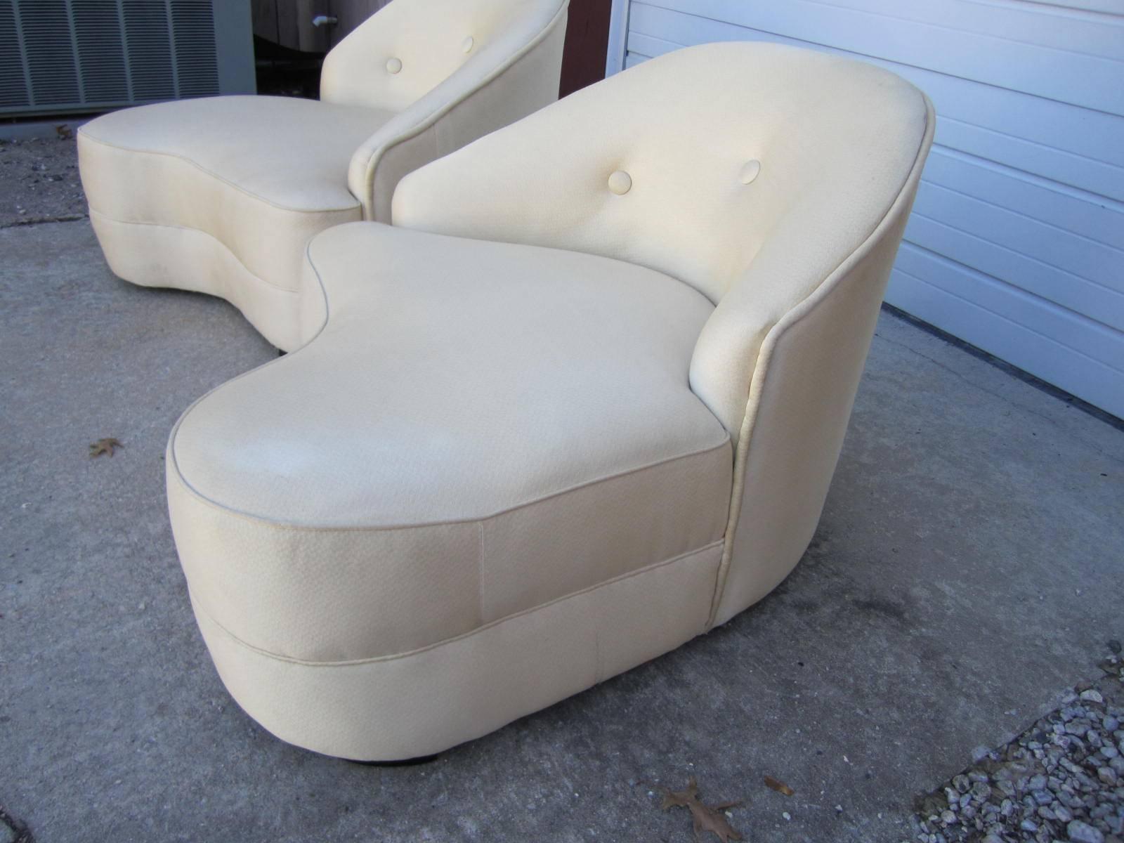Lovely pair of Dorothy Draper style 40's curvaceous slipper chairs.  This pair will need new upholstery but i know that's what you designers are looking for anyway,right?   Gorgeous lines with sexy curves-stunning! 