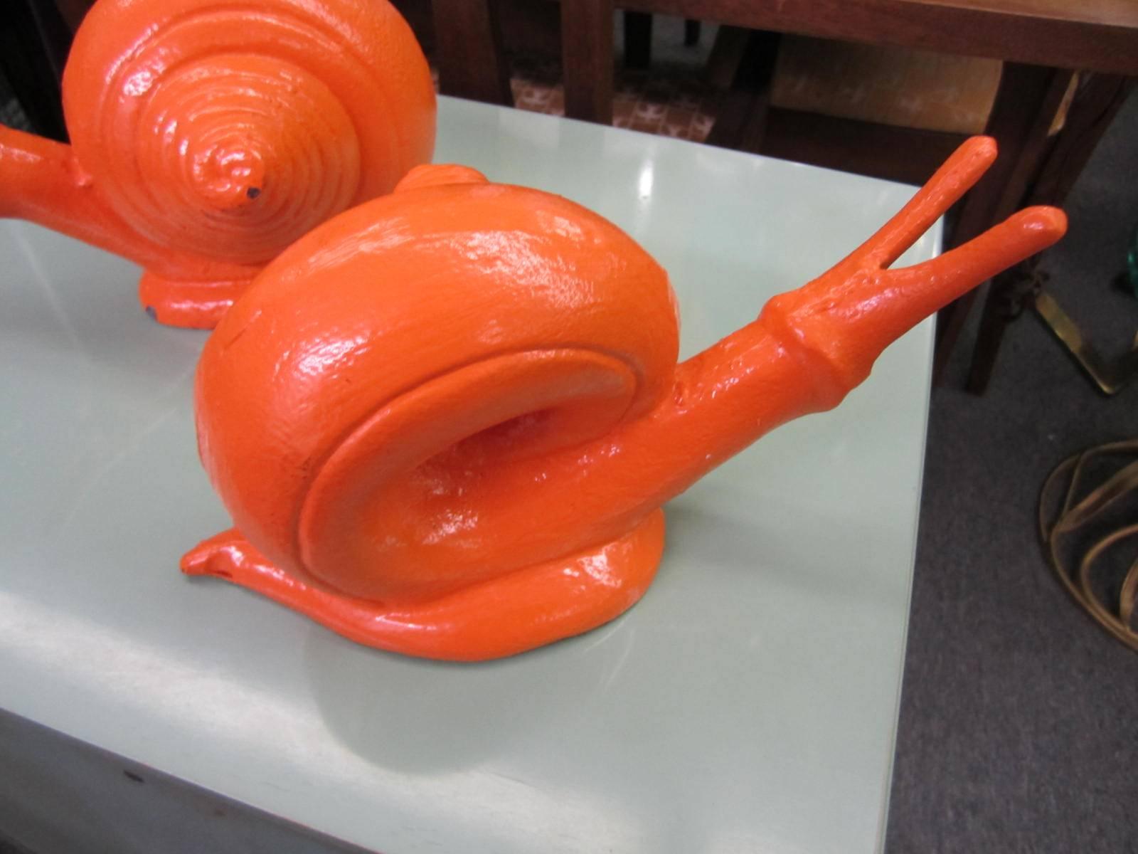 American Whimsical Pair of Cast Iron Painted Orange Snail Bookends Mid-Century Modern