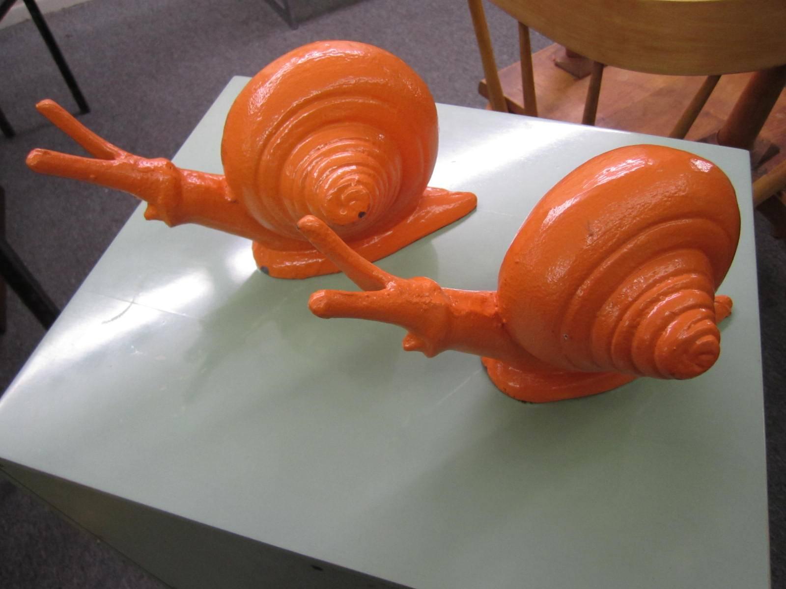 Whimsical Pair of Cast Iron Painted Orange Snail Bookends Mid-Century Modern 3