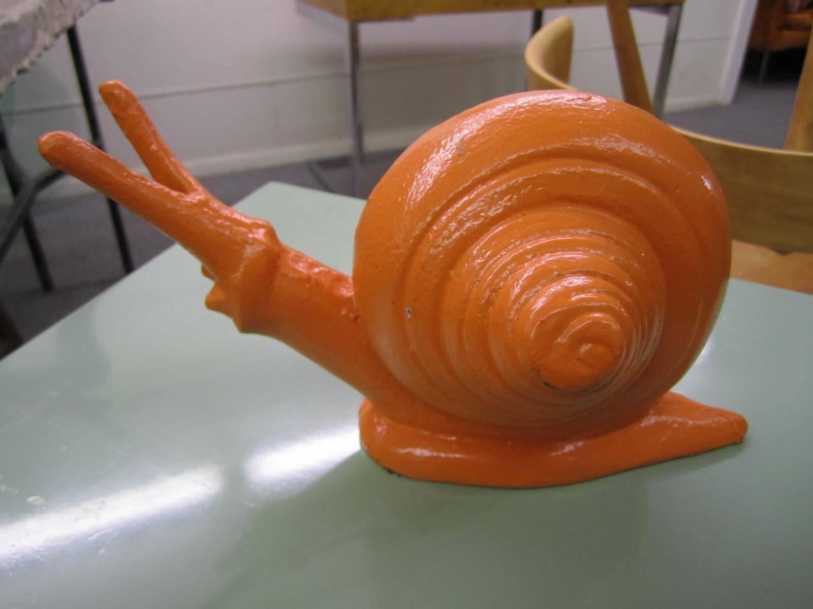 Whimsical Pair of Cast Iron Painted Orange Snail Bookends Mid-Century Modern 4