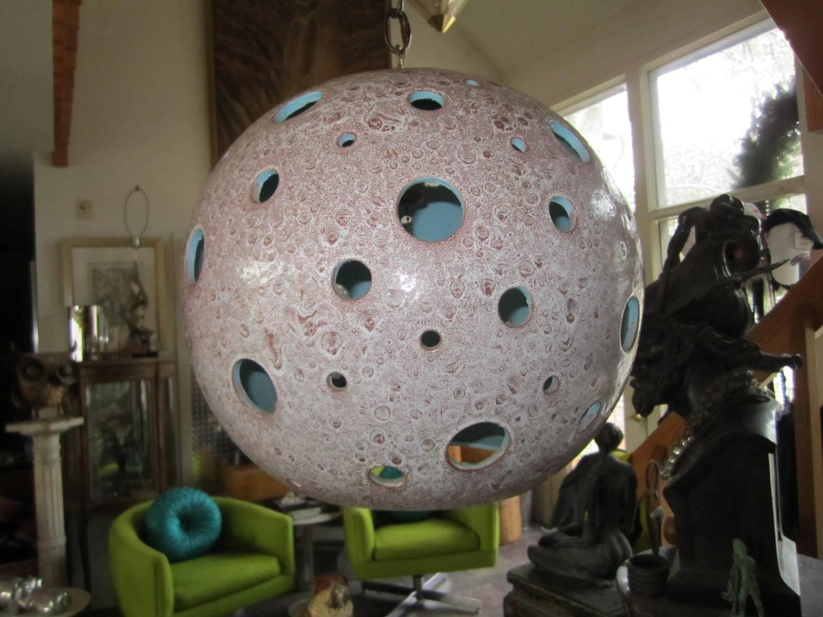 Mid-20th Century Pair of Large-Scale Ceramic Ball Globe Pendant Chandeliers For Sale