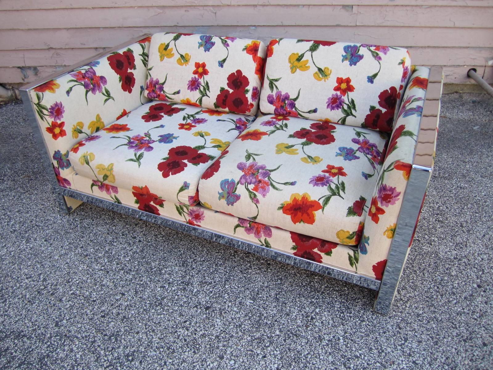 Upholstery Petite Chrome Flat Bar Sofa Loveseat, Mid-Century Modern