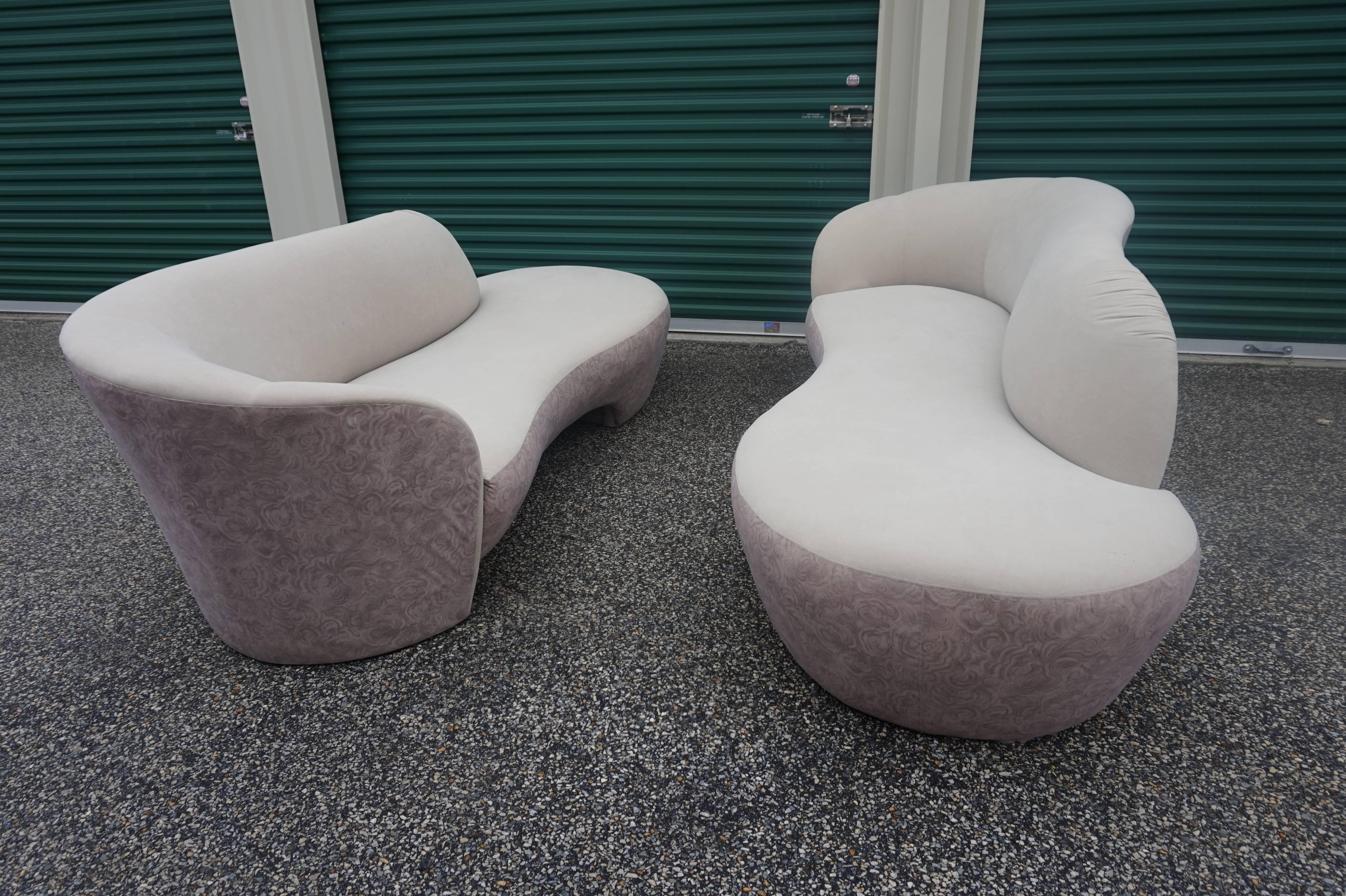 Gorgeous pair of Vladimir Kagan style Weiman Preview kidney shaped sofas. Both have the arm on the left and look amazing placed across from each other.