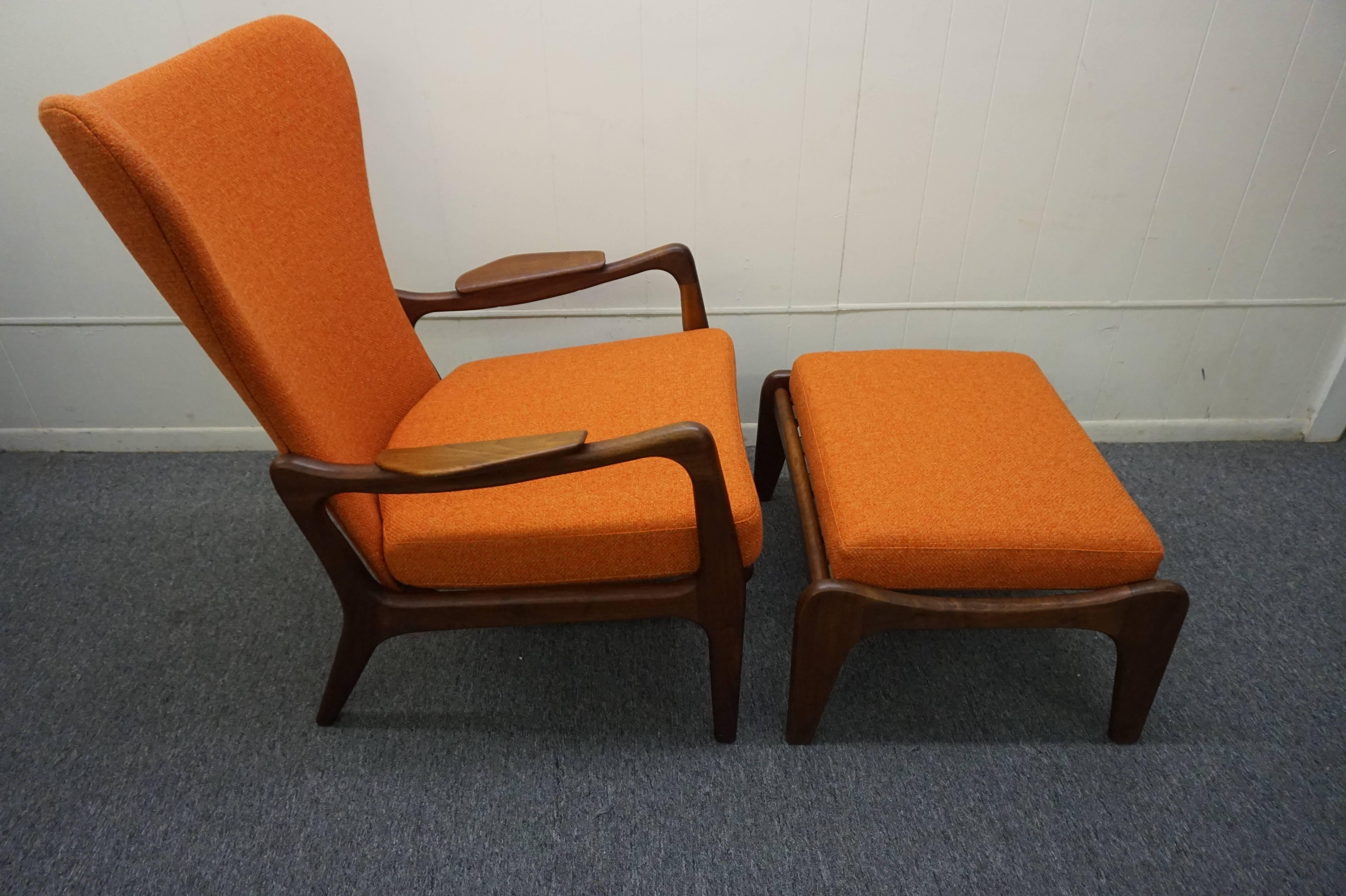 Fantastic Adrian Pearsall sculptural walnut lounge chair with matching ottoman. The fabric, foam and straps have all been replaced and are excellent condition. The upholstery was done in a high end woven fabric called 