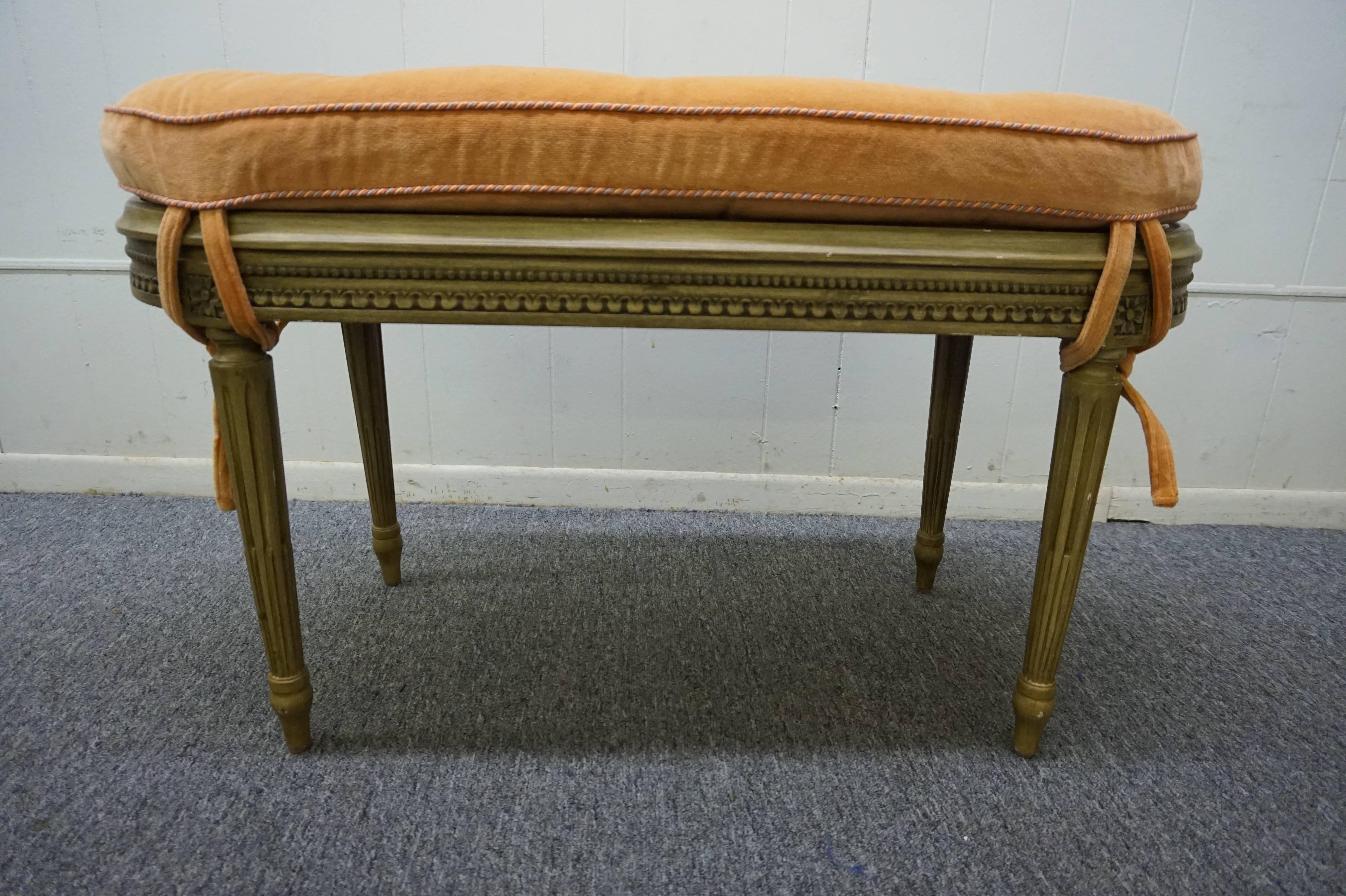 Lovely French Louis XVI style caned seat bench with nicely carved fluted legs.