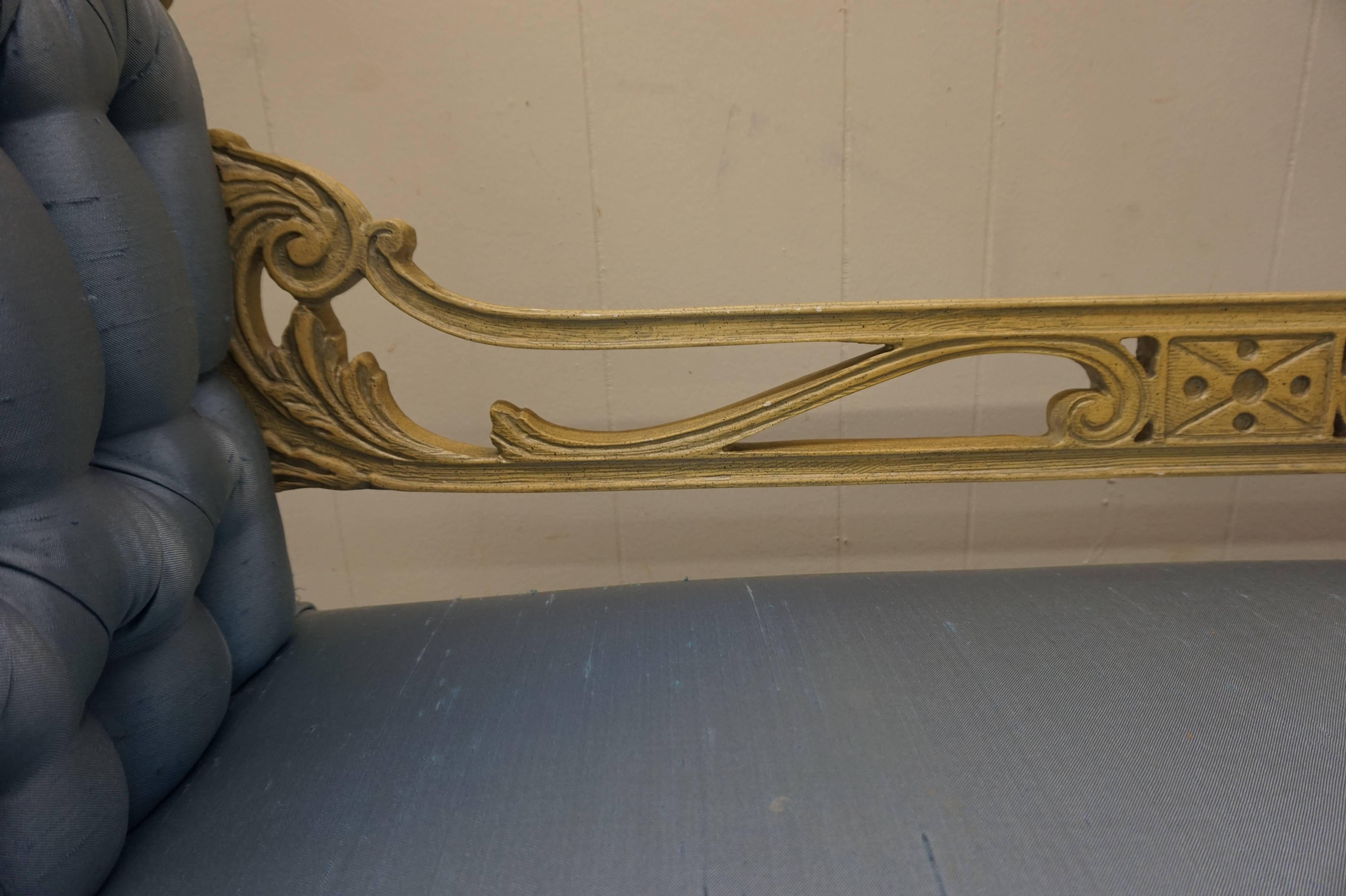 Lovely Hollywood Regency Scrolled Arm Carved Wood Bench For Sale 2