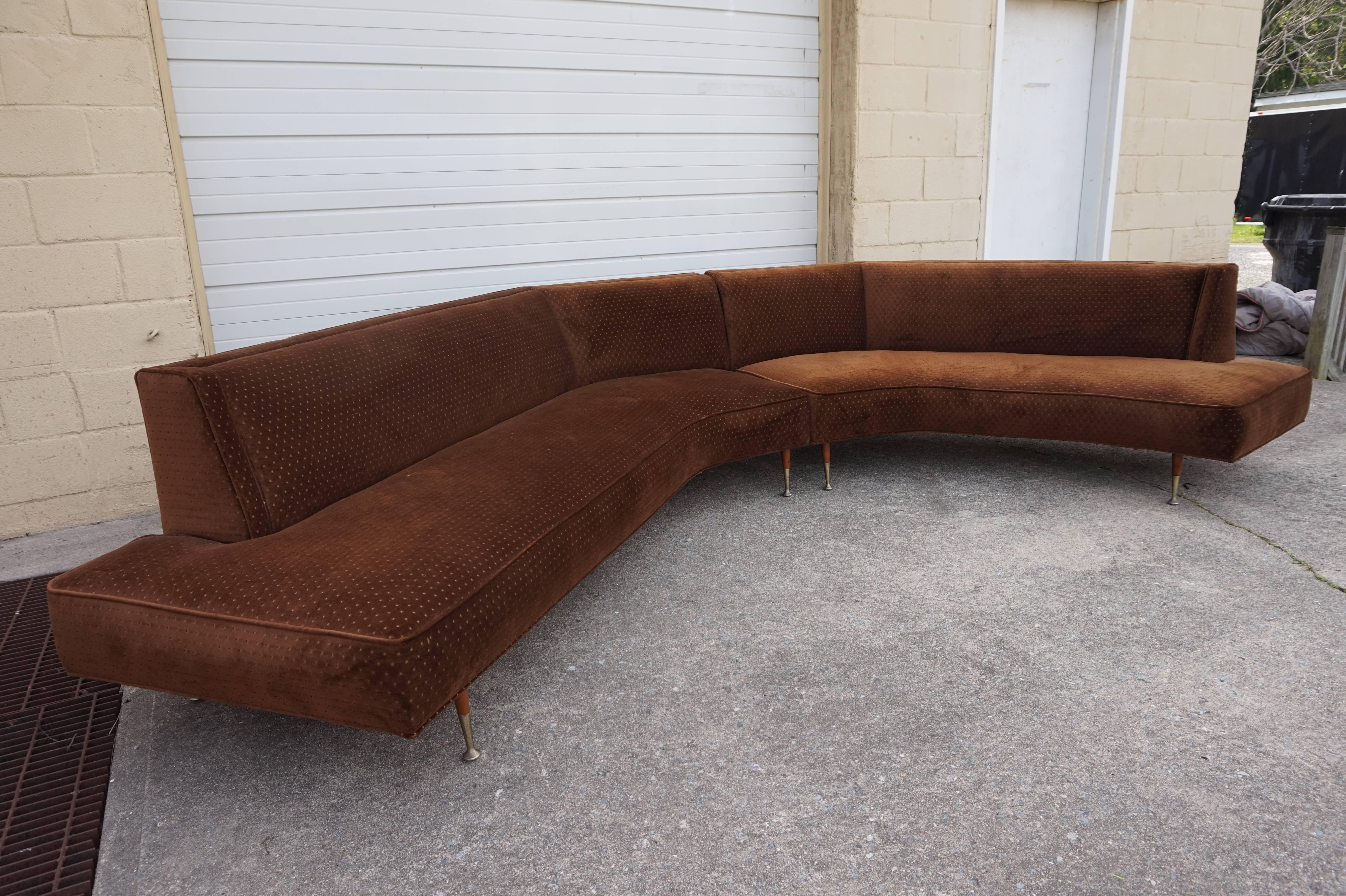 Brass Gorgeous Harvey Probber Style Two-Piece Curved Sofa Sectional Mid-Century Modern