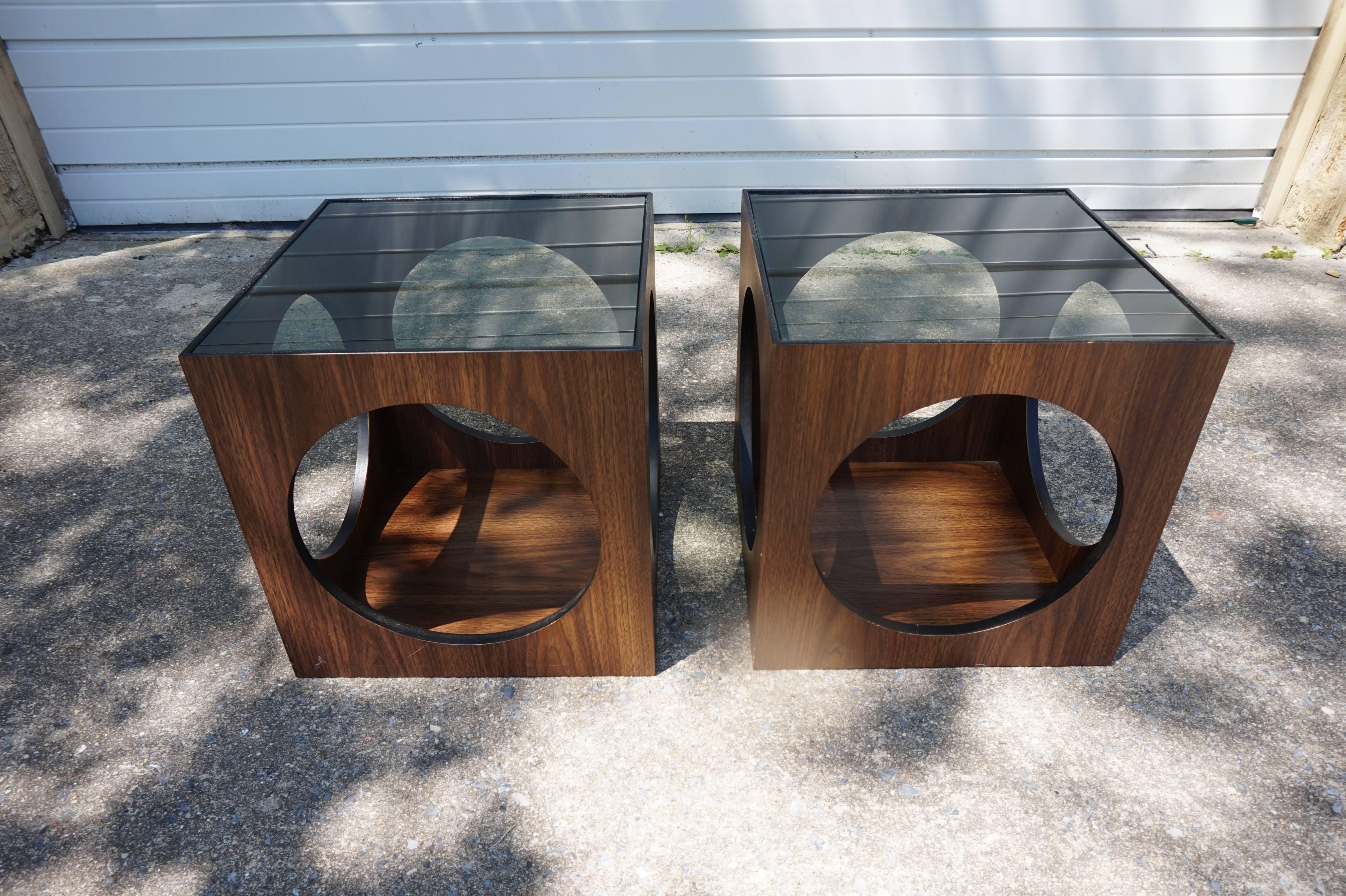 Cool Pair of Lane Walnut Cube Side Tables Circle Cut-Outs, Mid-Century Modern 1