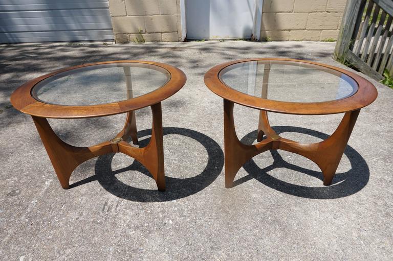 Pair of MidCentury Modern Walnut Glass Round Side Tables, Made by Lane