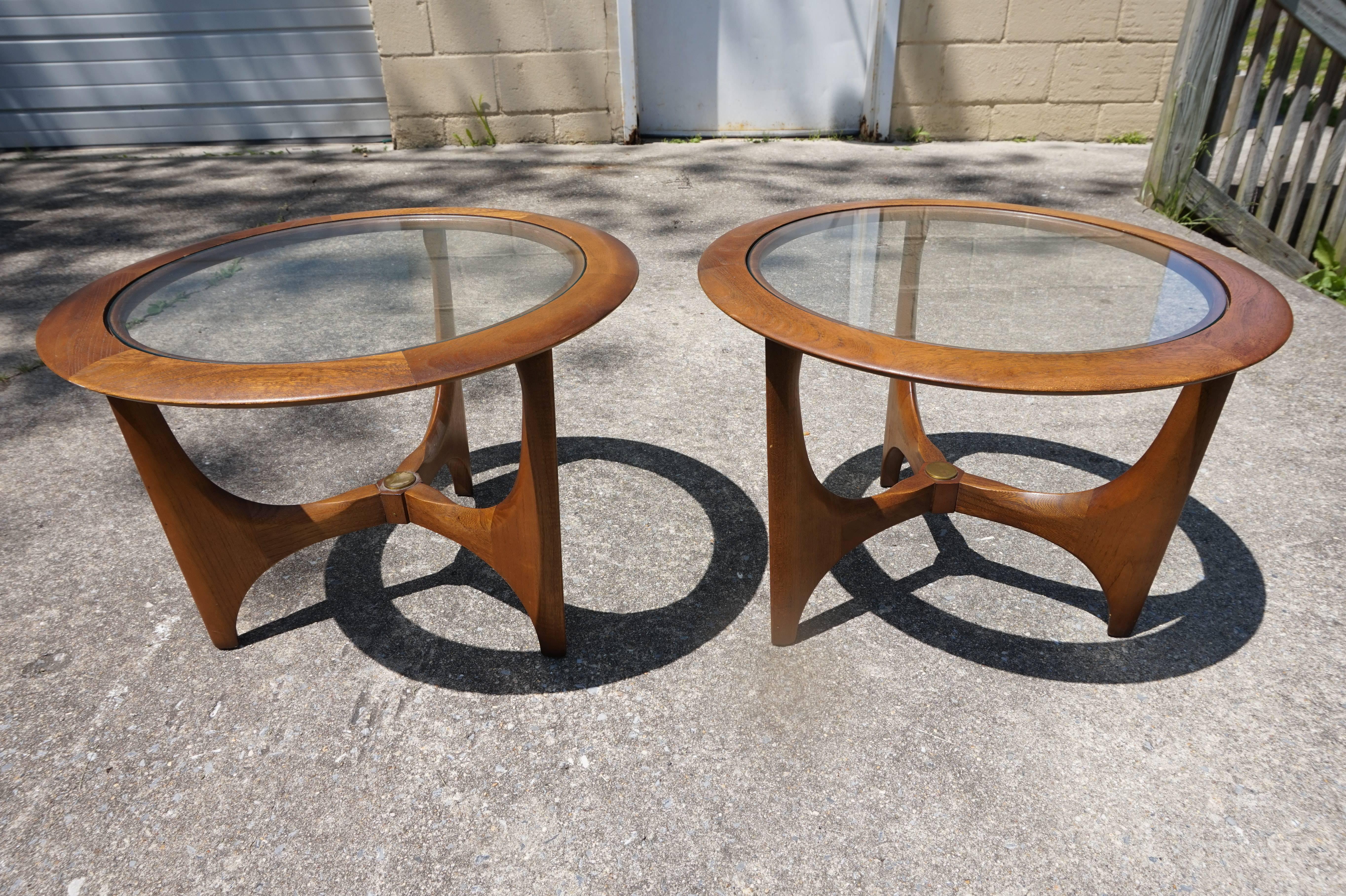 Mid-20th Century Pair of Mid-Century Modern Walnut Glass Round Side Tables, Made by Lane