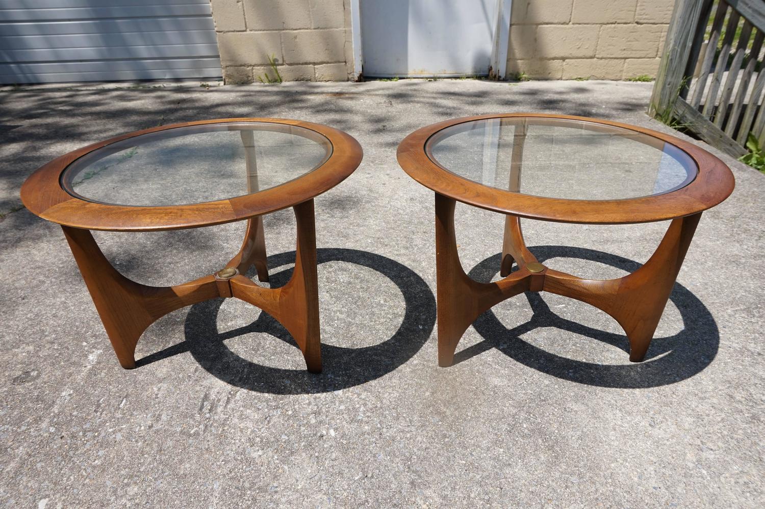 Pair of MidCentury Modern Walnut Glass Round Side Tables, Made by Lane