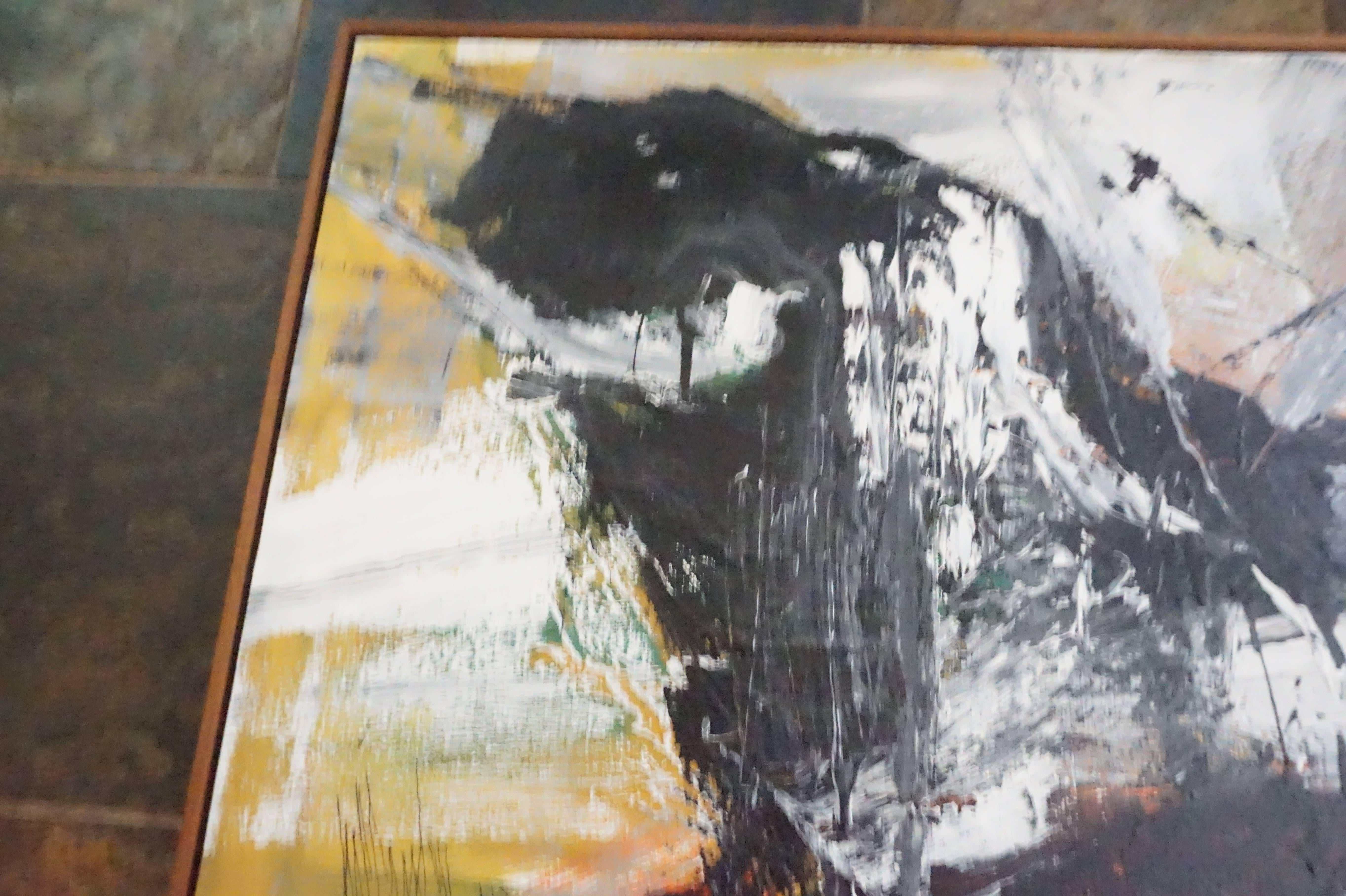 Wonderful and exciting Toro bull oil painting by Gino Hollander. As many of the abstract expressionists, Hollander's art tells of his emotions, his reality and the push and pull of life, unlike the more restrained portrayal found in the works of