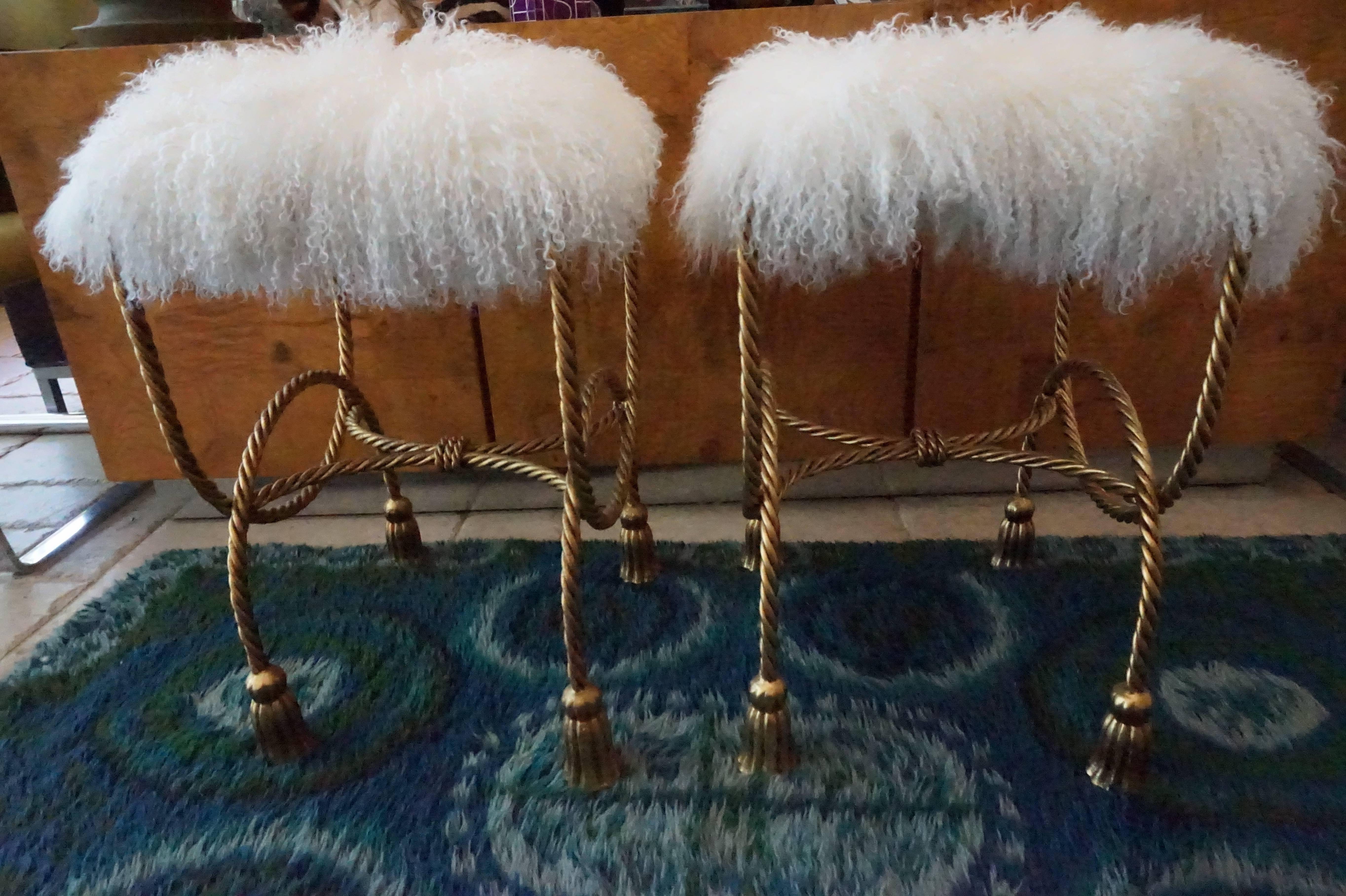 Stunning Pair of Gilded Mongolian Lamb Rope Tassel Stools Bench 1