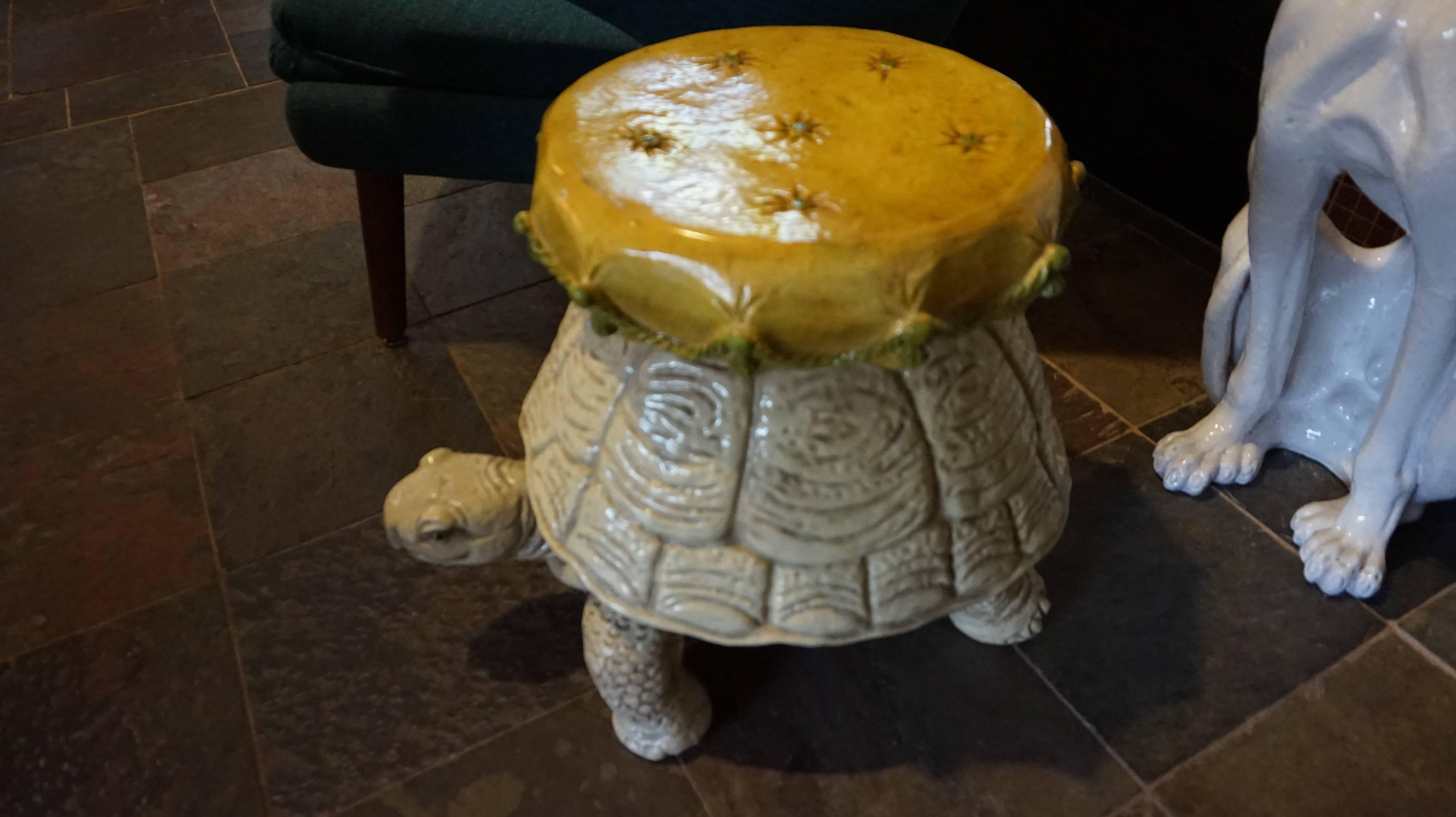 Wonderful turtle stool made of a lighter weight plastic resin that looks just like terra cotta and half the weight. This is not a reproduction but from the Mid-Century and is fabulous in person.

 
