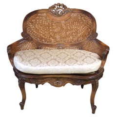 Petite Louis XV Style Carved Walnut Double Cane Settee Bench
