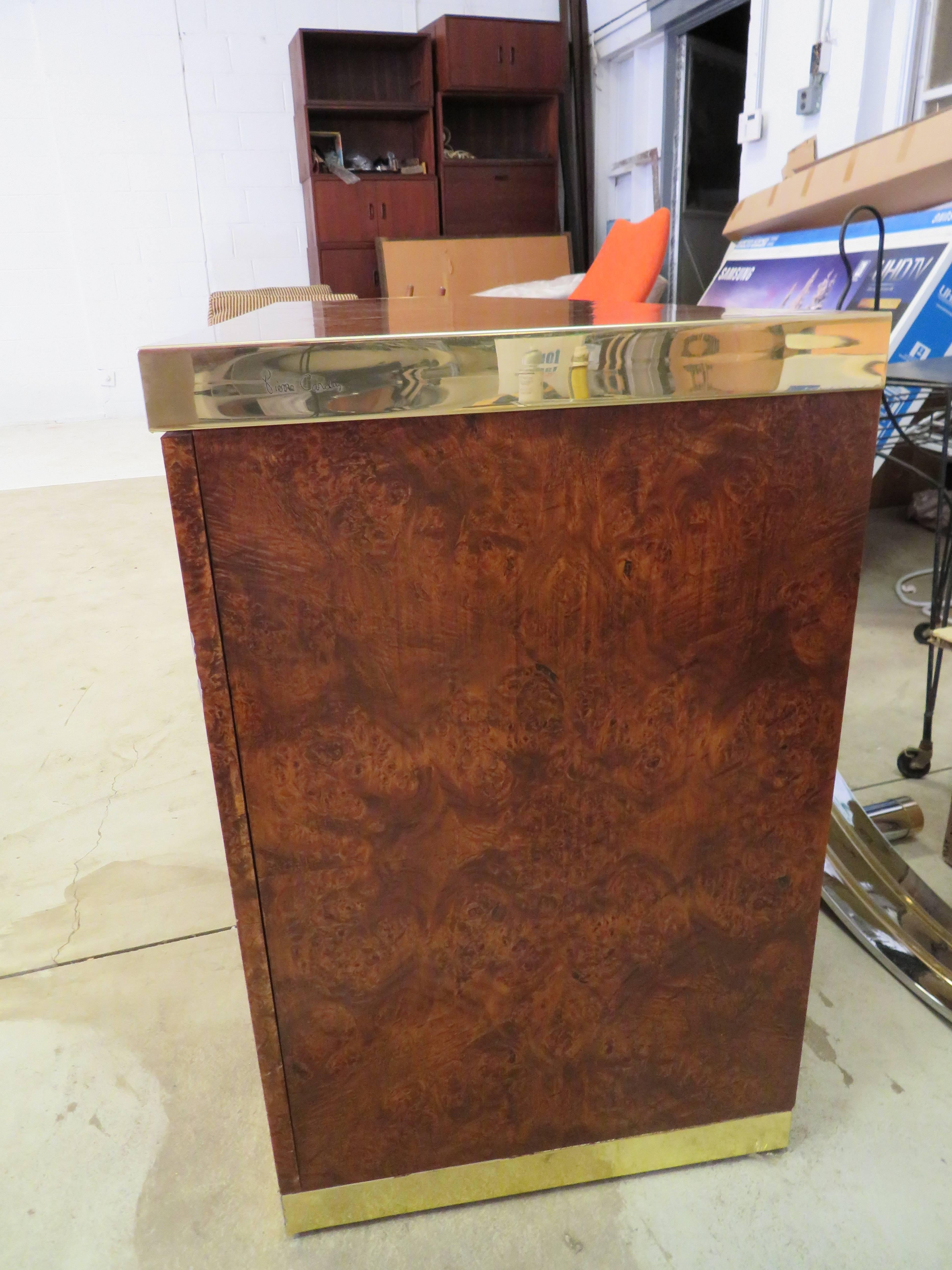 American Stunning Pierre Cardin Signed Burled and Brass Credenza Mid-Century Modern