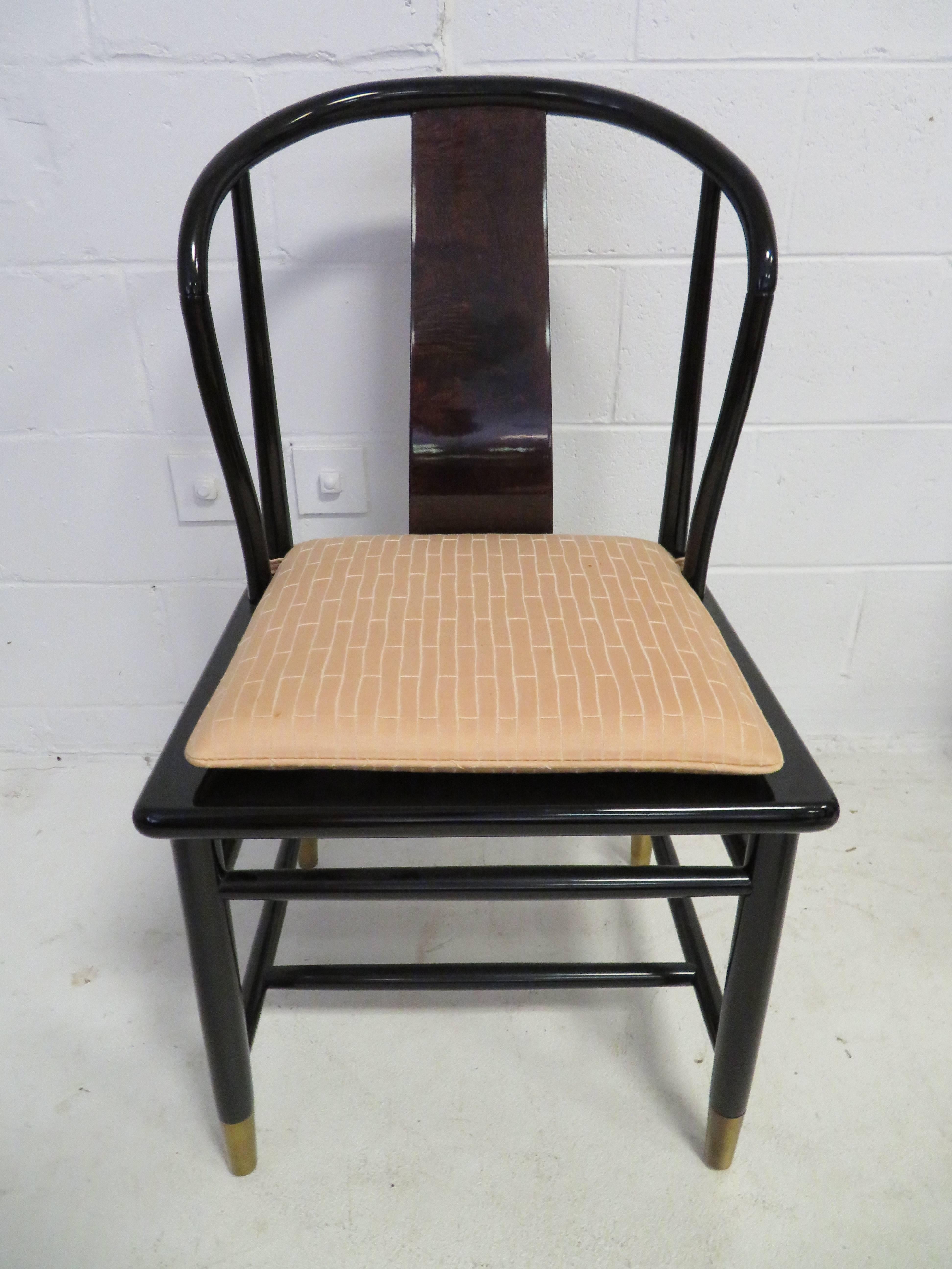 Gorgeous set of six scene three Asian style dining chairs by Henredon. Two stunning armchairs and four exquisite side chairs. Seats are rattan and all are flawless. No breaks or holes. Seat pad do show wear with some spots. Overall condition of wood