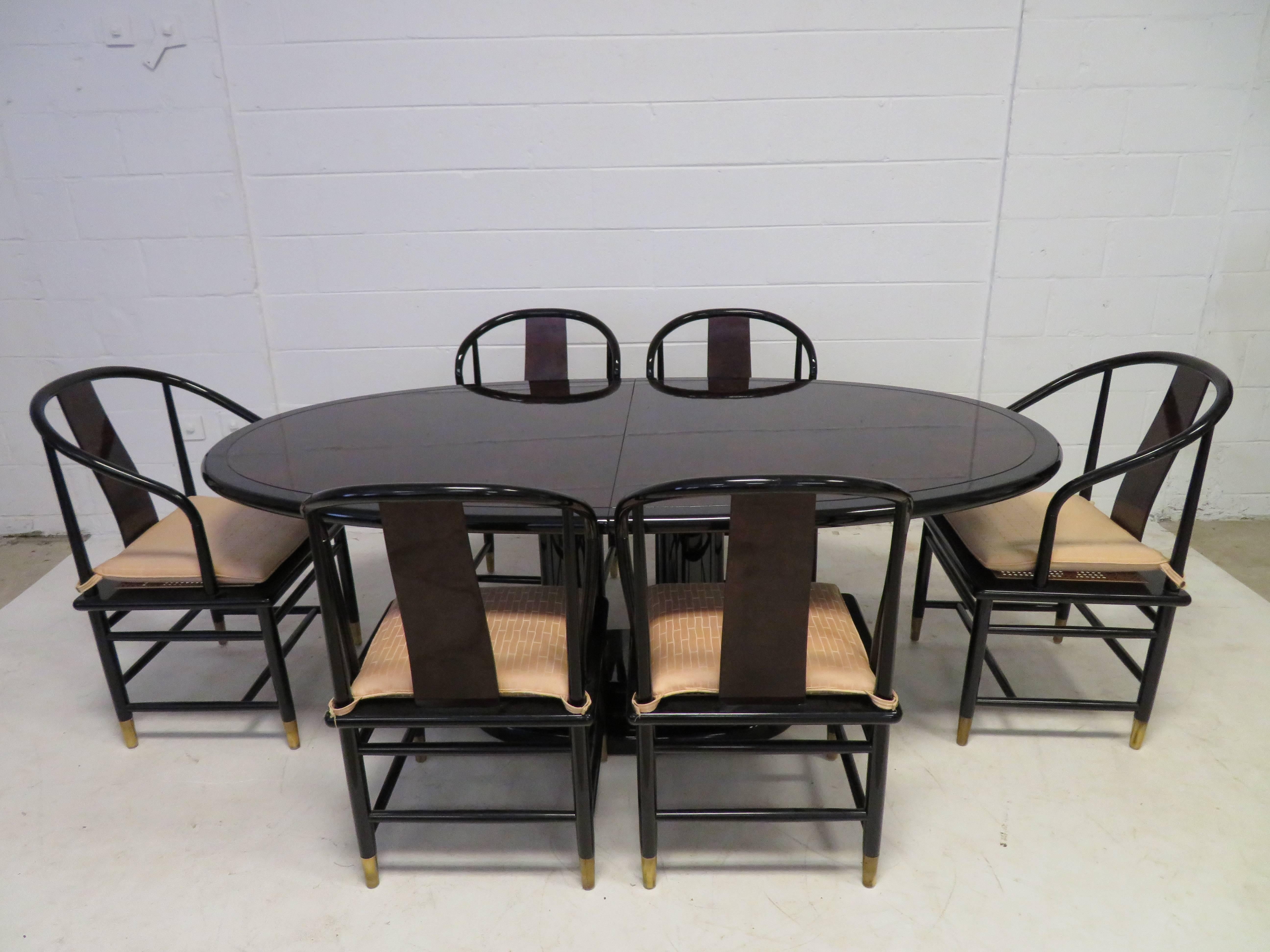 Fabulous Set of Six Scene Three Asian Style Lacquered Dining Chairs Henredon 1