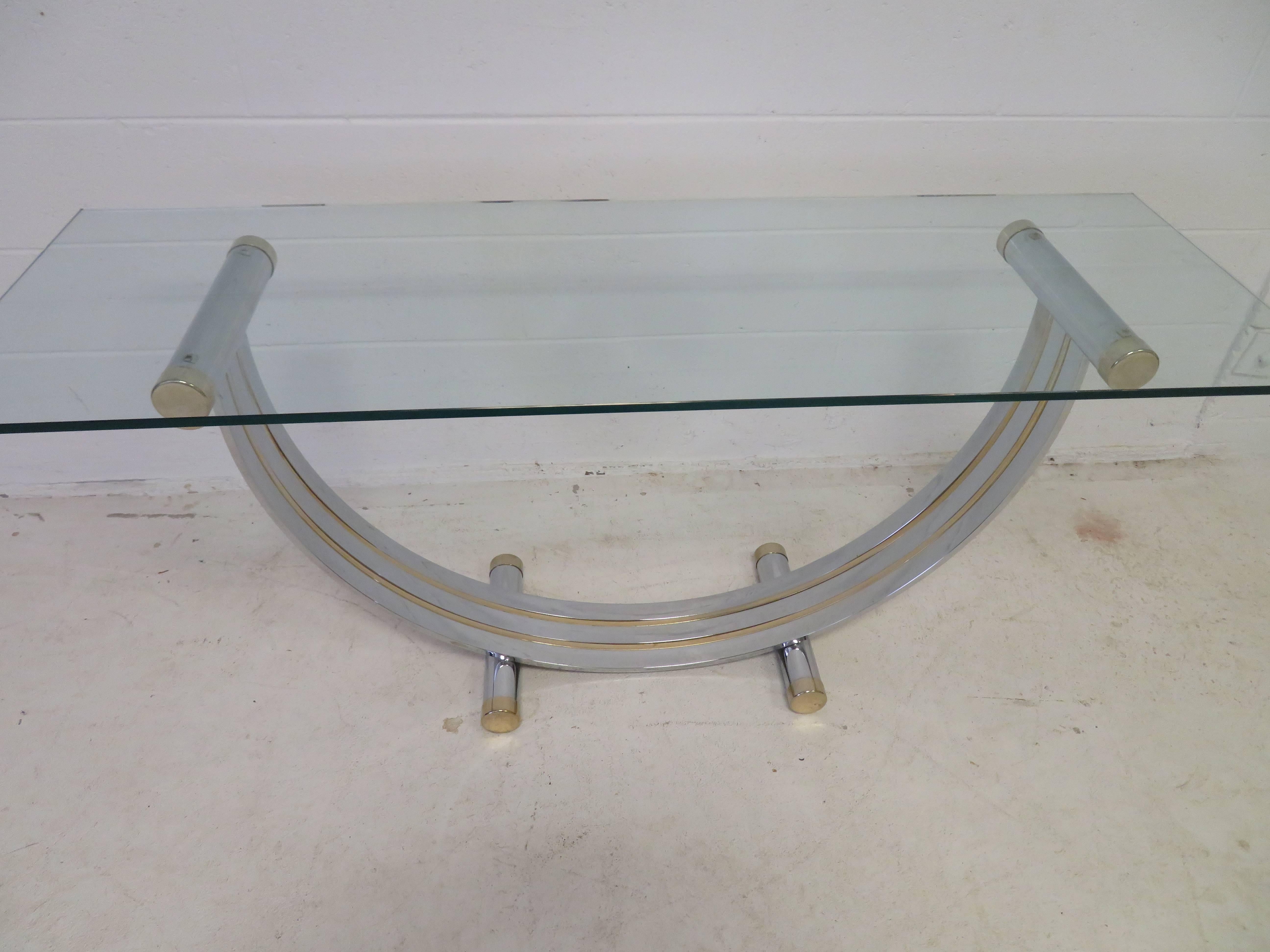 Lovely Romeo Rega Brass Chrome U-Shaped Console Table, Mid-Century Modern In Good Condition For Sale In Pemberton, NJ