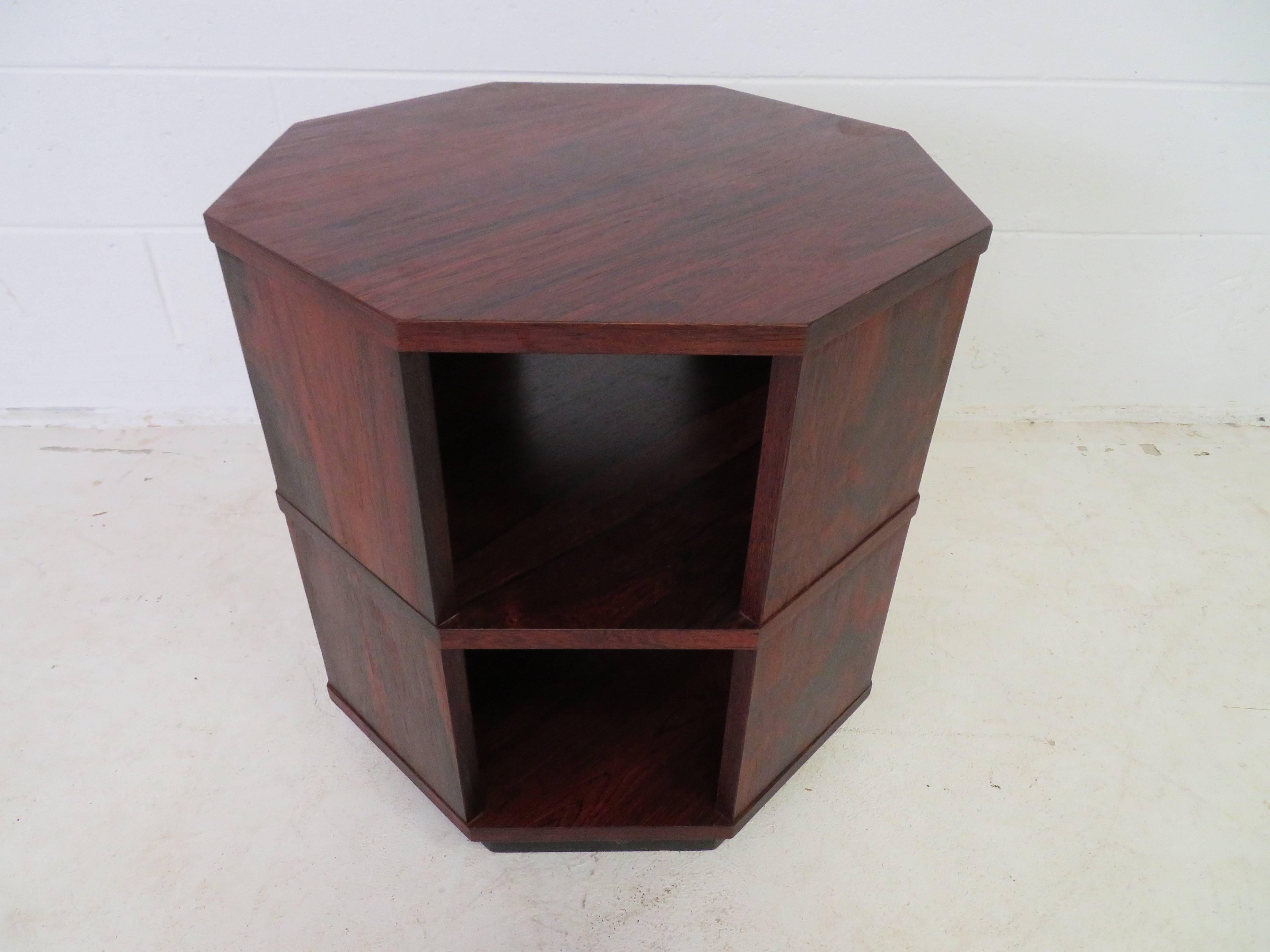 Nice dark rosewood octagon side end table with two interior shelves.