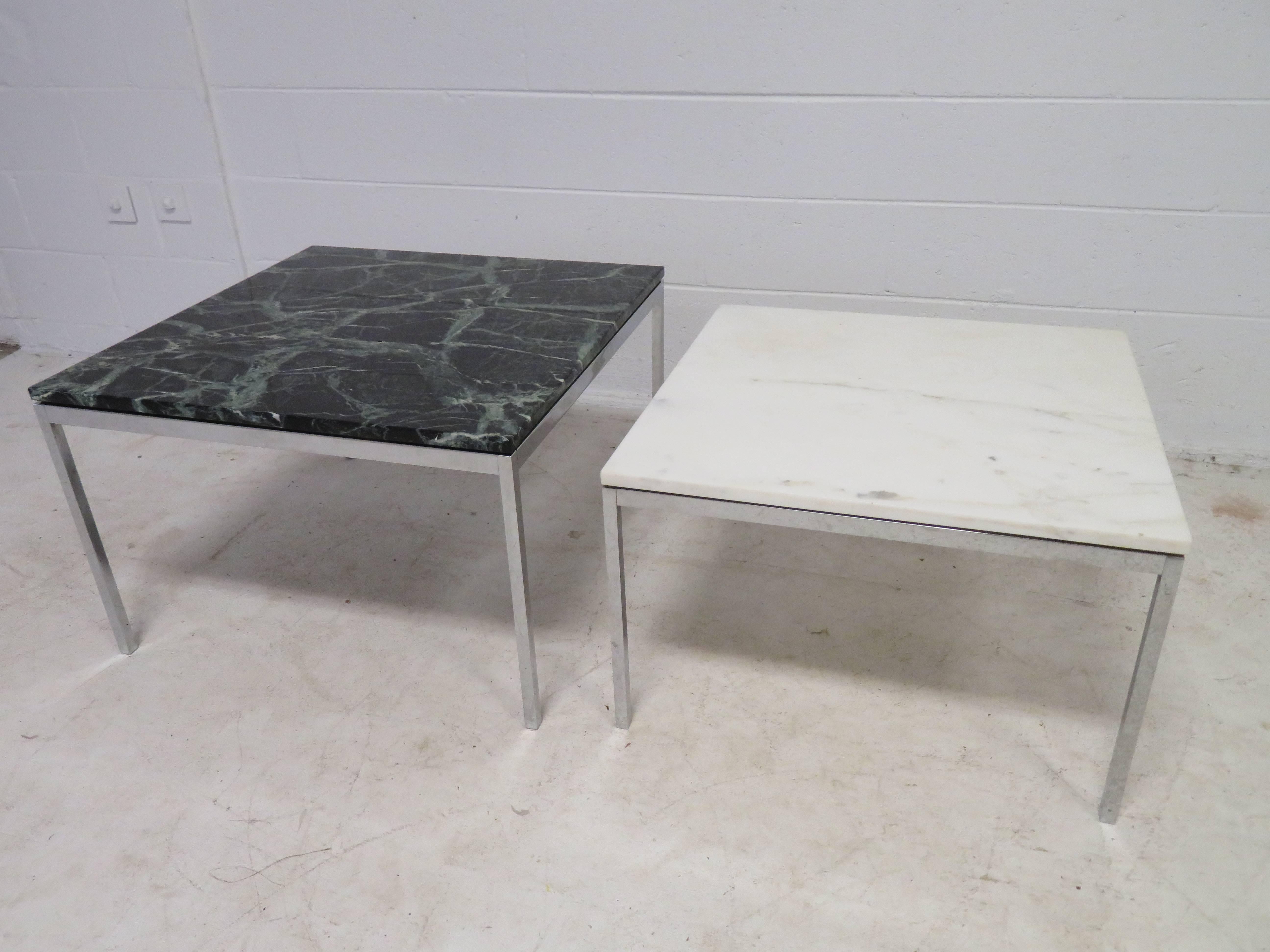Lovely Pair Florence Knoll Chrome Marble Side End Tables Mid-Century Modern In Good Condition For Sale In Pemberton, NJ