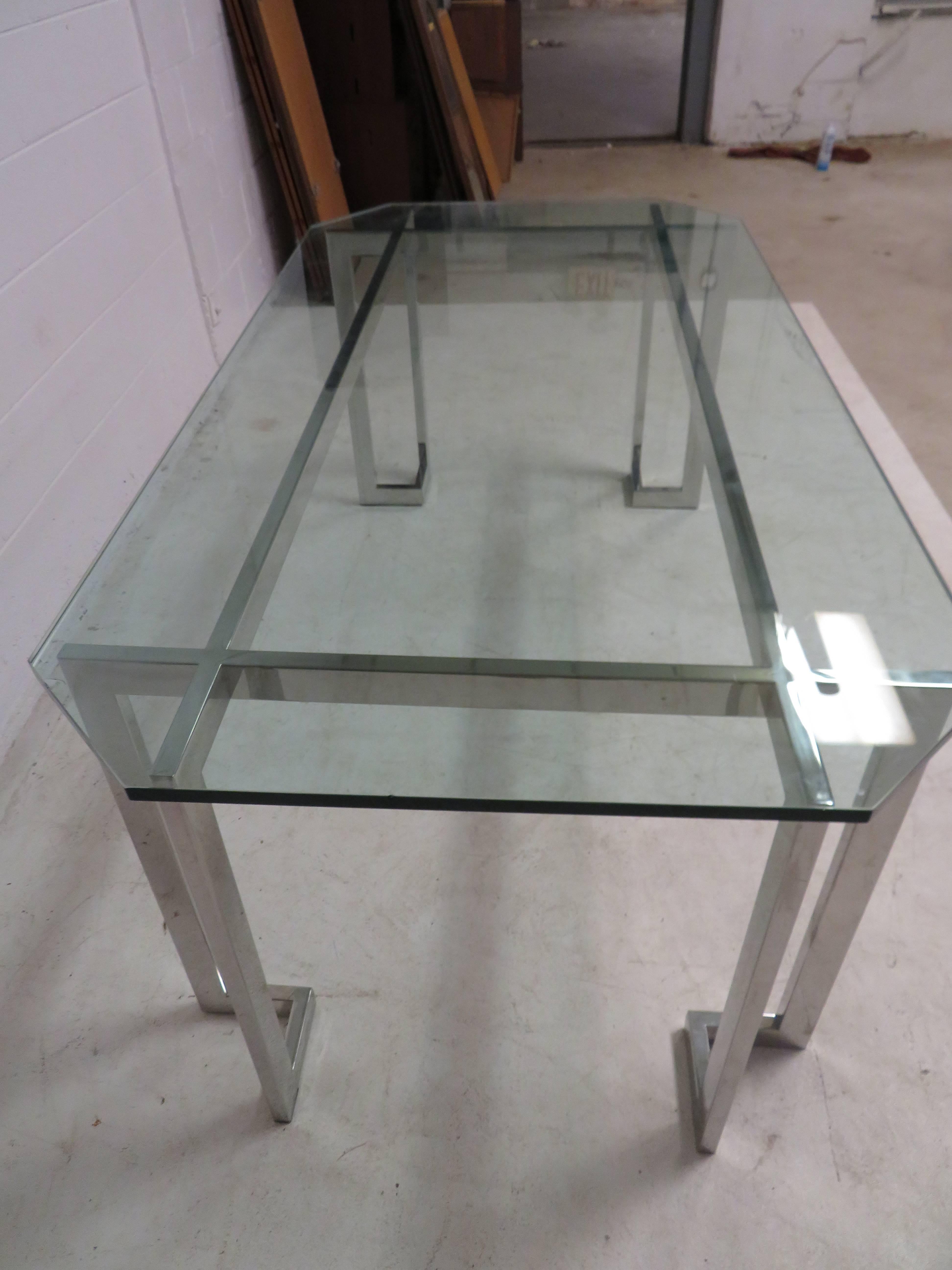 Late 20th Century Milo Baughman Style Chrome Glass Tic Tac Toe Dining Table Desk, Mid-Century