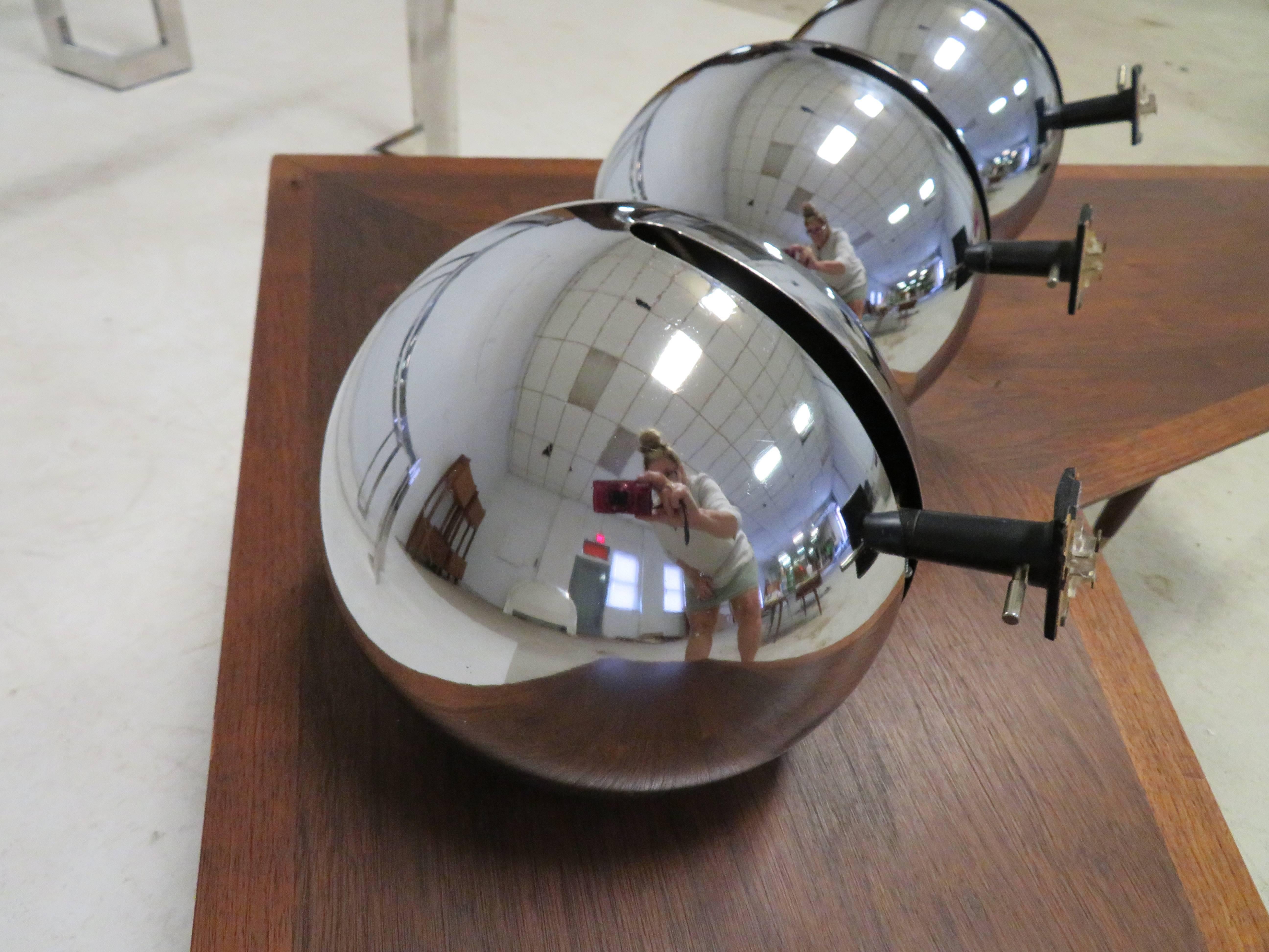 Fantastic set of three signed Lightolier chrome eyeball track lighting fixtures. The track is not included-contemporary track work with these vintage light heads. We do have in total three sets of three chrome eyeballs-so email if multiple sets are