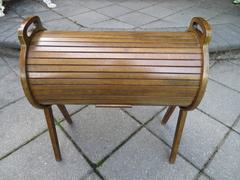 Wonderful Danish Modern Teak Cylindrical Roll Top Sewing Caddy Basket