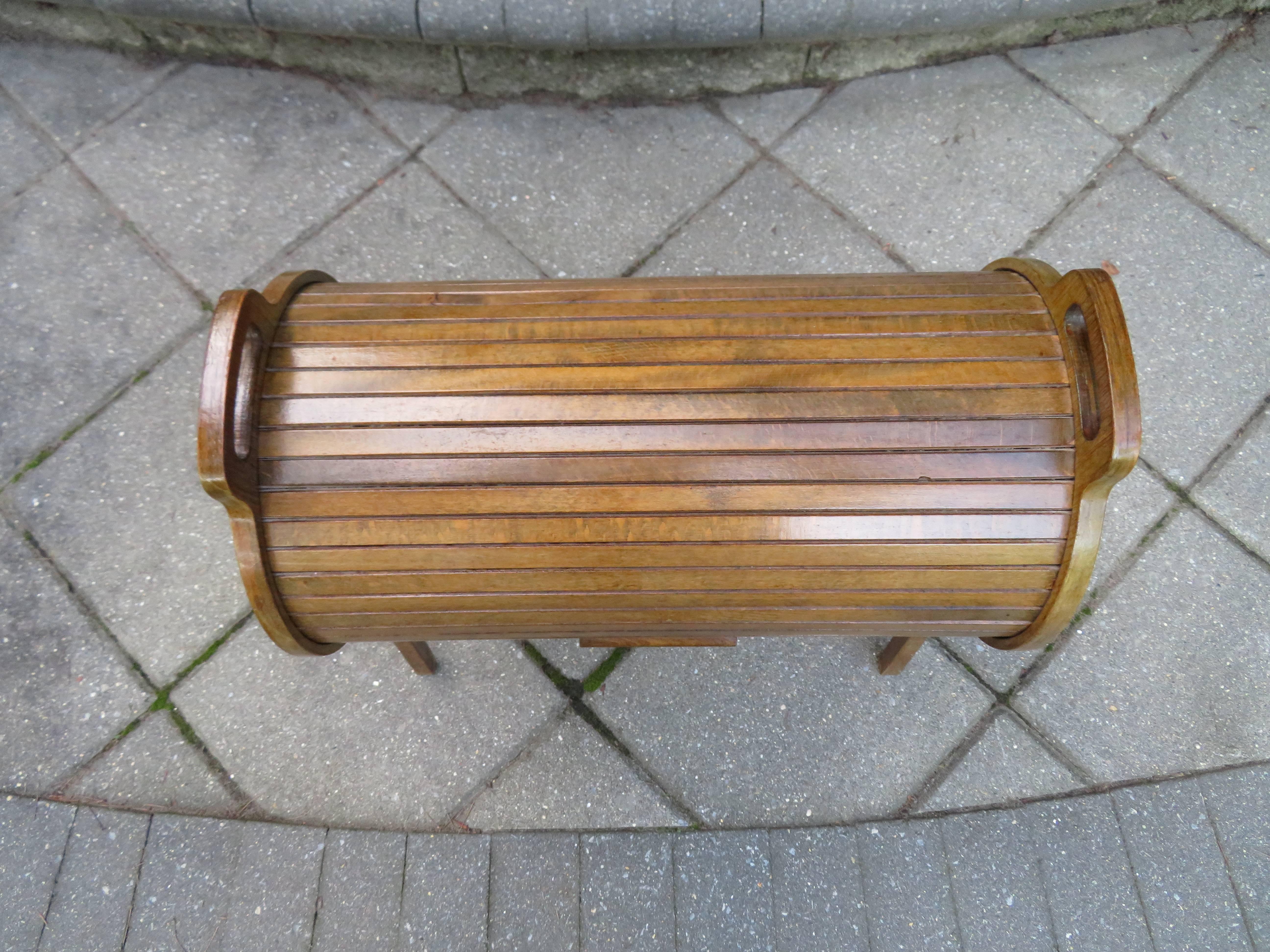 Scandinavian Modern Wonderful Danish Modern Teak Cylindrical Roll Top Sewing Caddy Basket For Sale