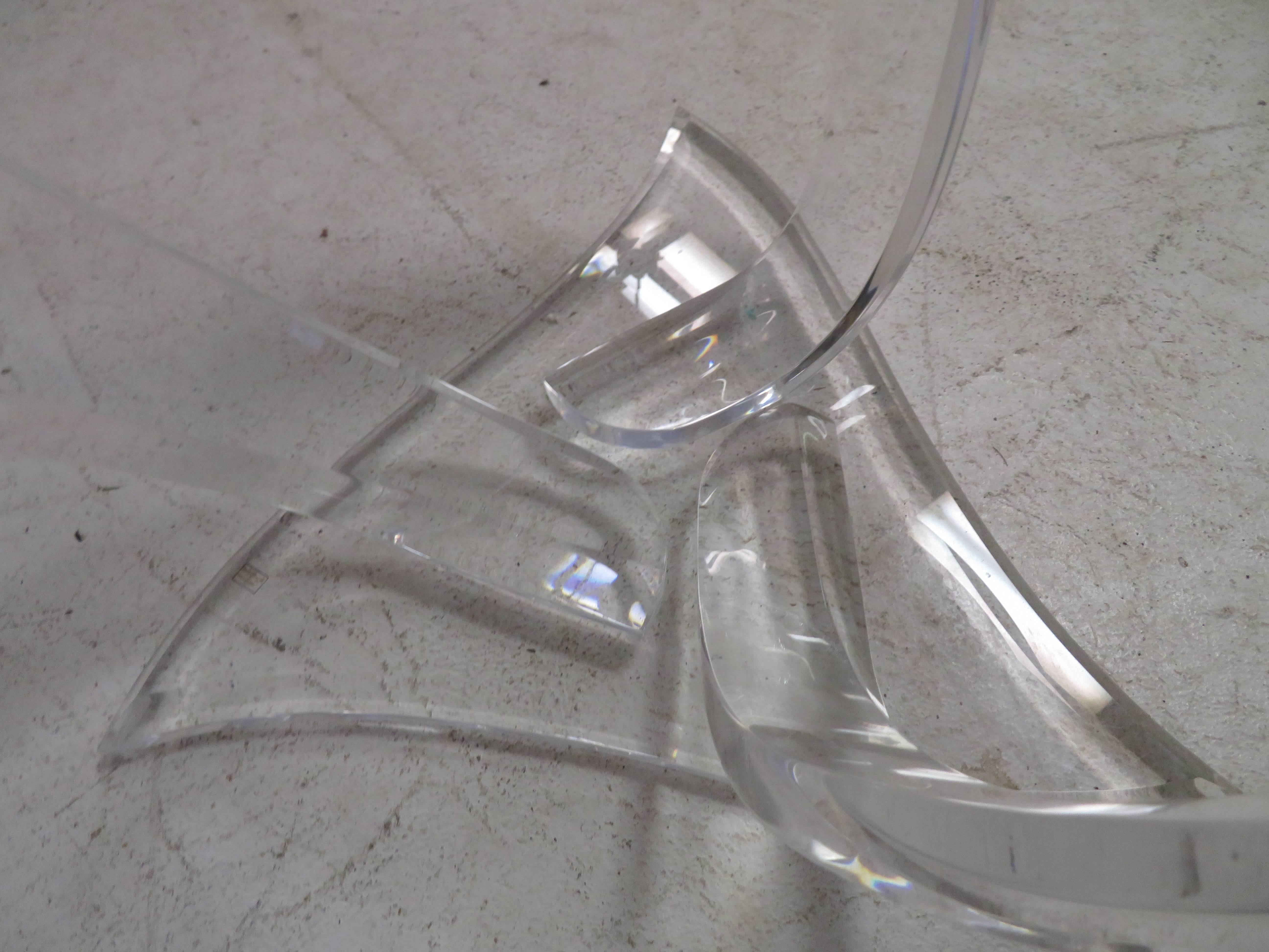 Pair of signed Haziza Lucite and glass tables.