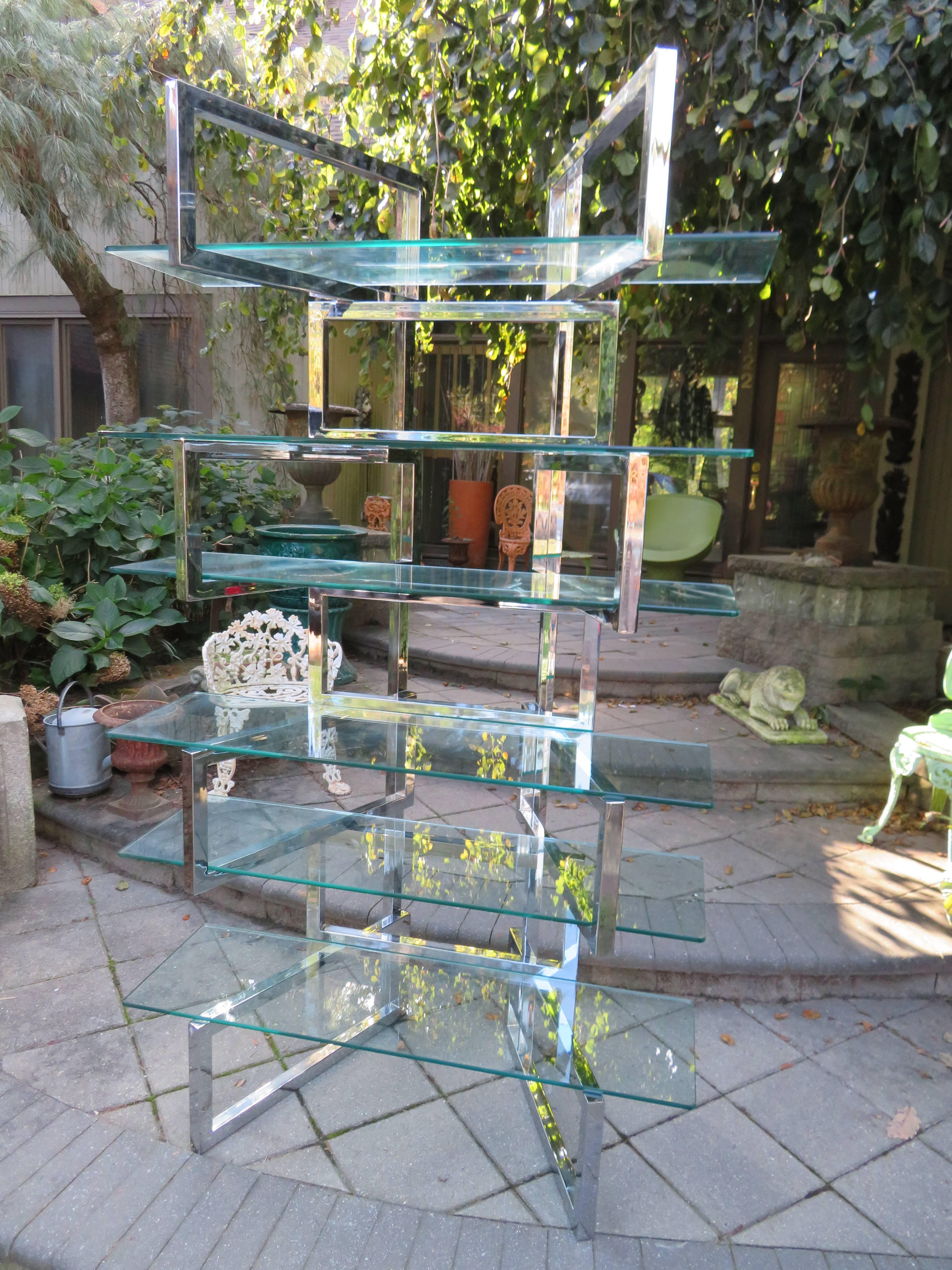 Outrageous Milo Baughman Style Chrome and Glass Butterfly Etagere Mid-Century 4
