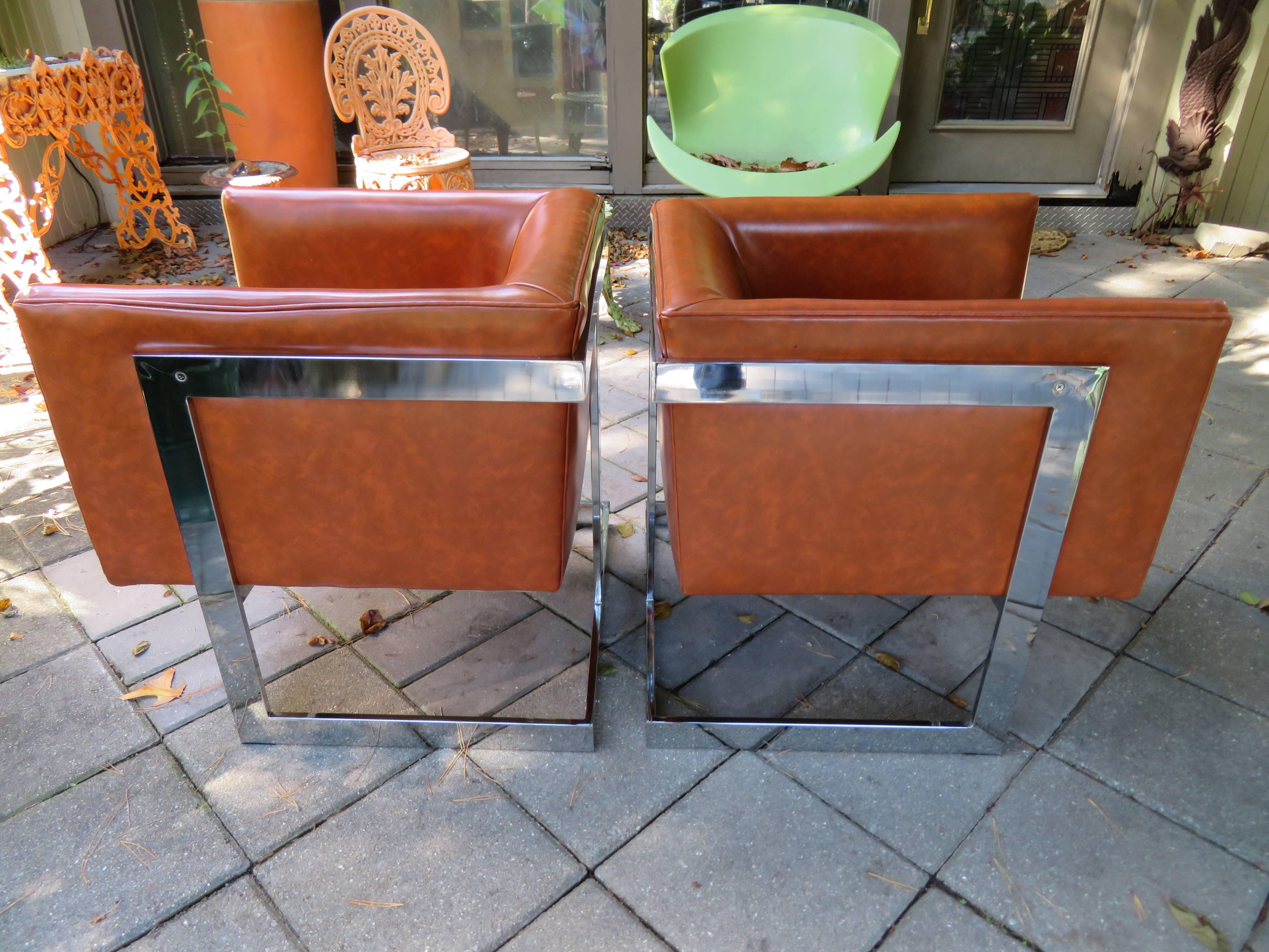 Stunning Pair of Signed Milo Baughman Thayer Coggin Chrome Cube Chairs Modern For Sale 2