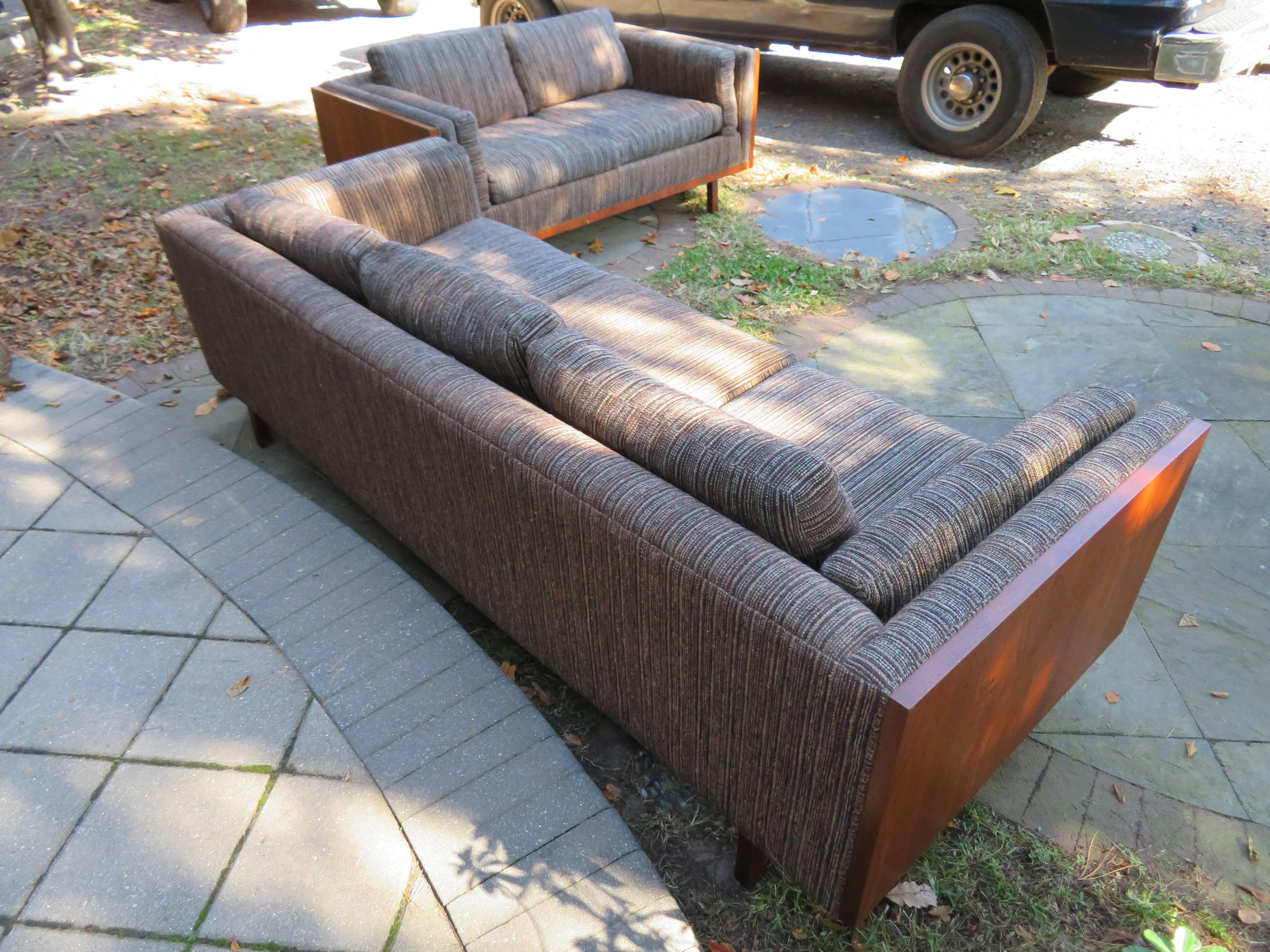 Upholstery Pair of Milo Baughman Style Walnut Case Loveseat Sectional Mid-Century Modern For Sale
