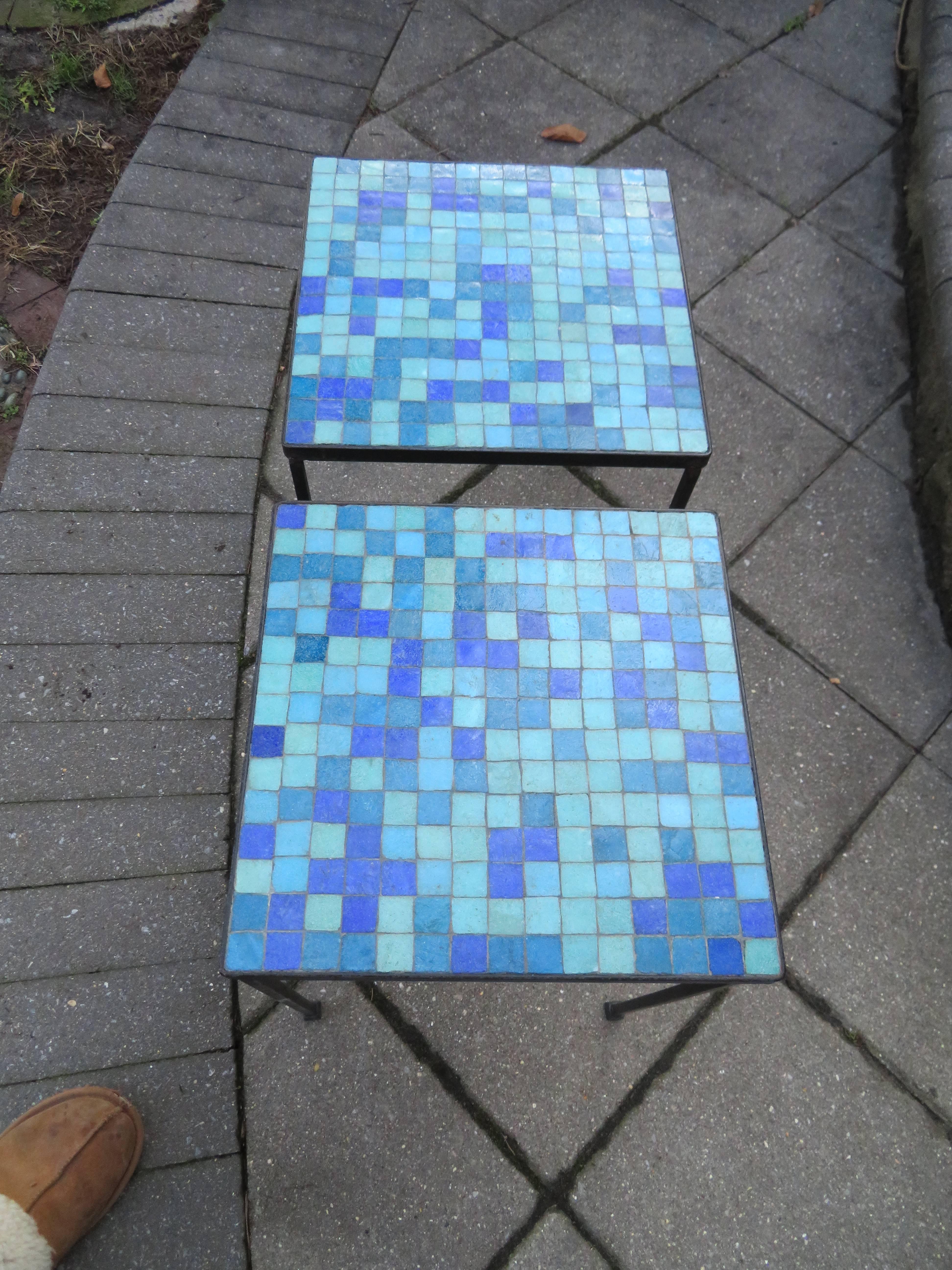 Glass Wonderful Pair of Paul McCobb Inspired Tile Mosaic Top Tables Mid-Century
