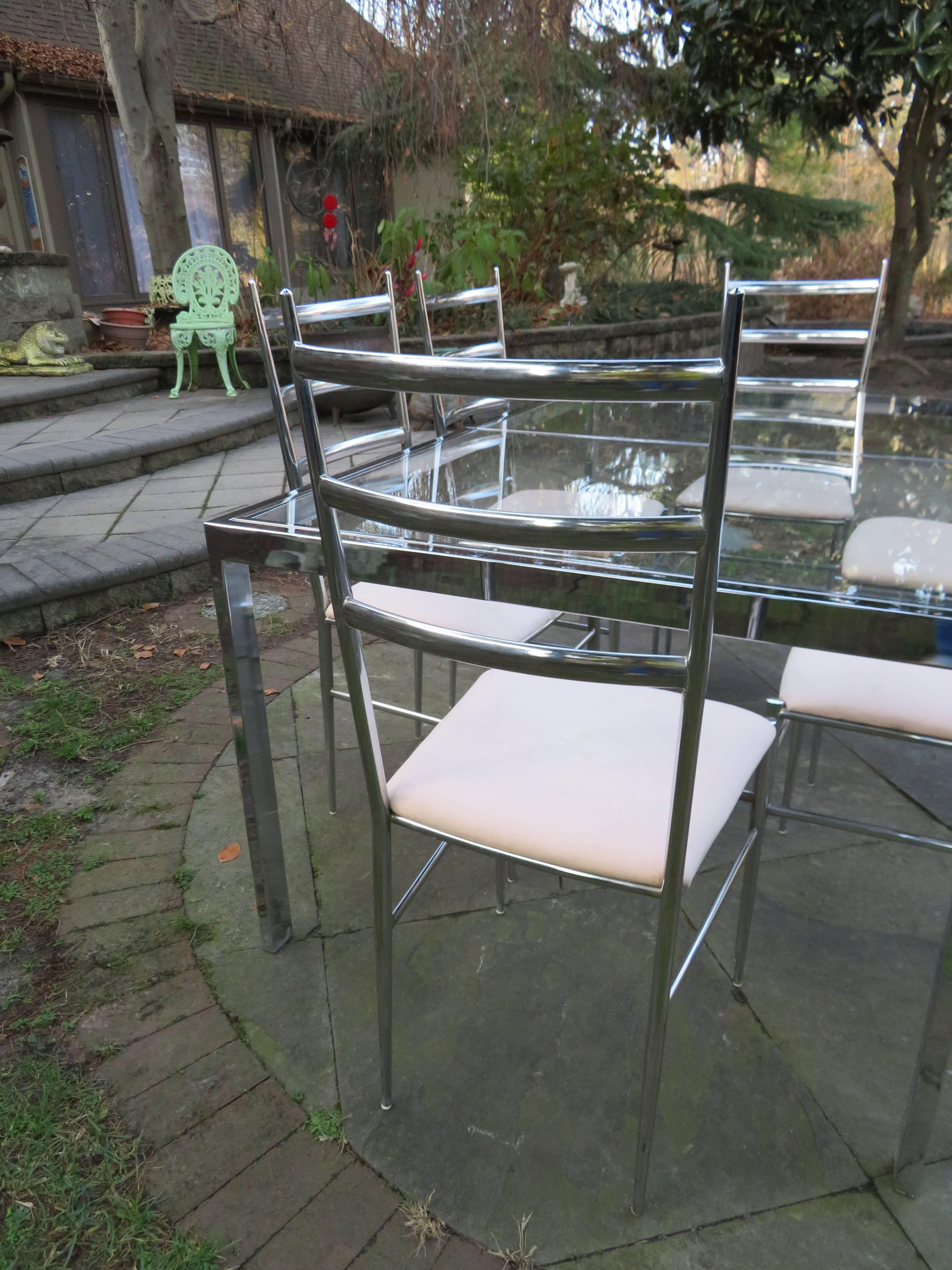 Italian Six Chrome Ladder Back Dining Chairs in the Style of Gio Ponti Mid-Century, Set For Sale