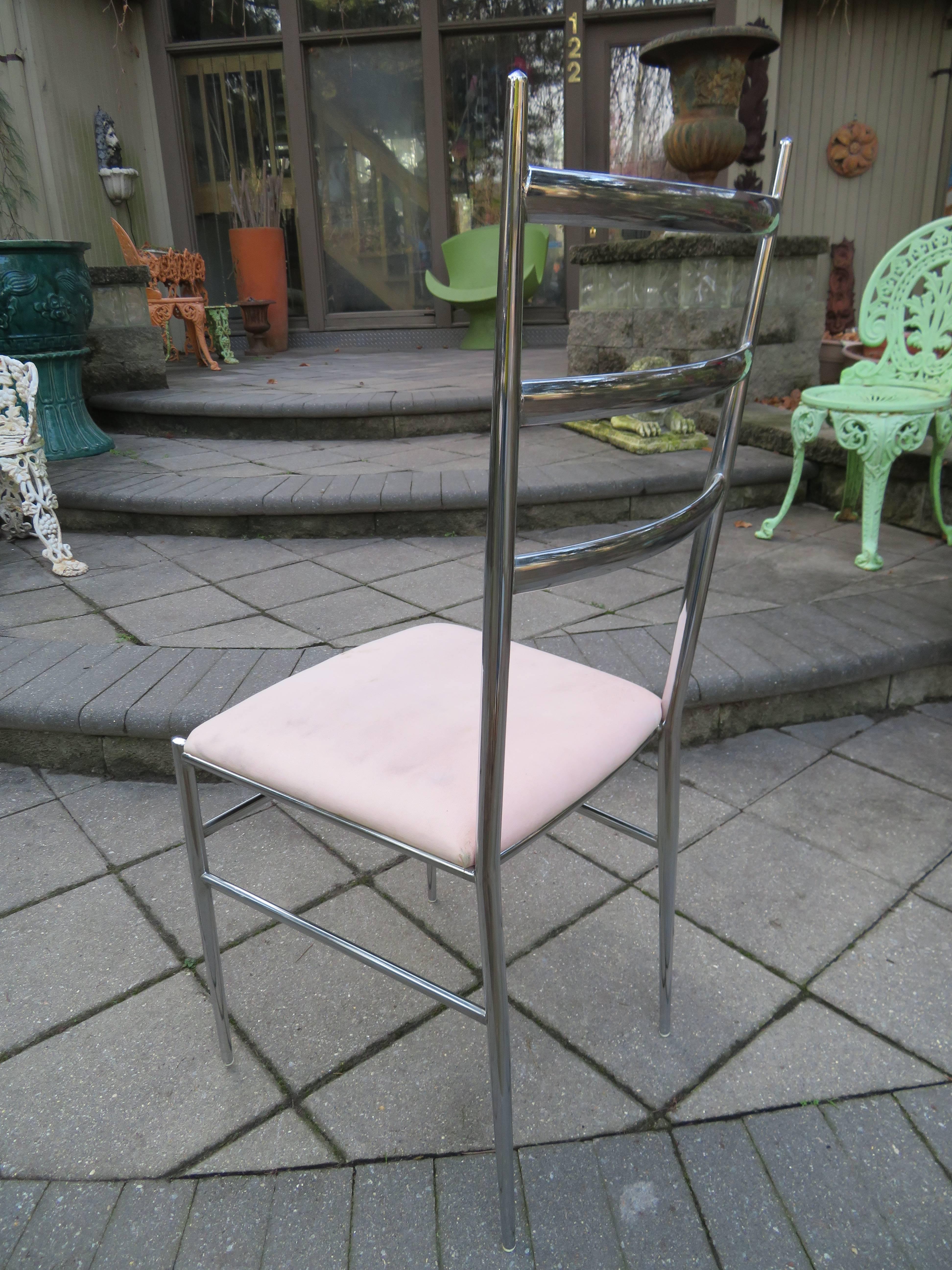 Six Chrome Ladder Back Dining Chairs in the Style of Gio Ponti Mid-Century, Set 3
