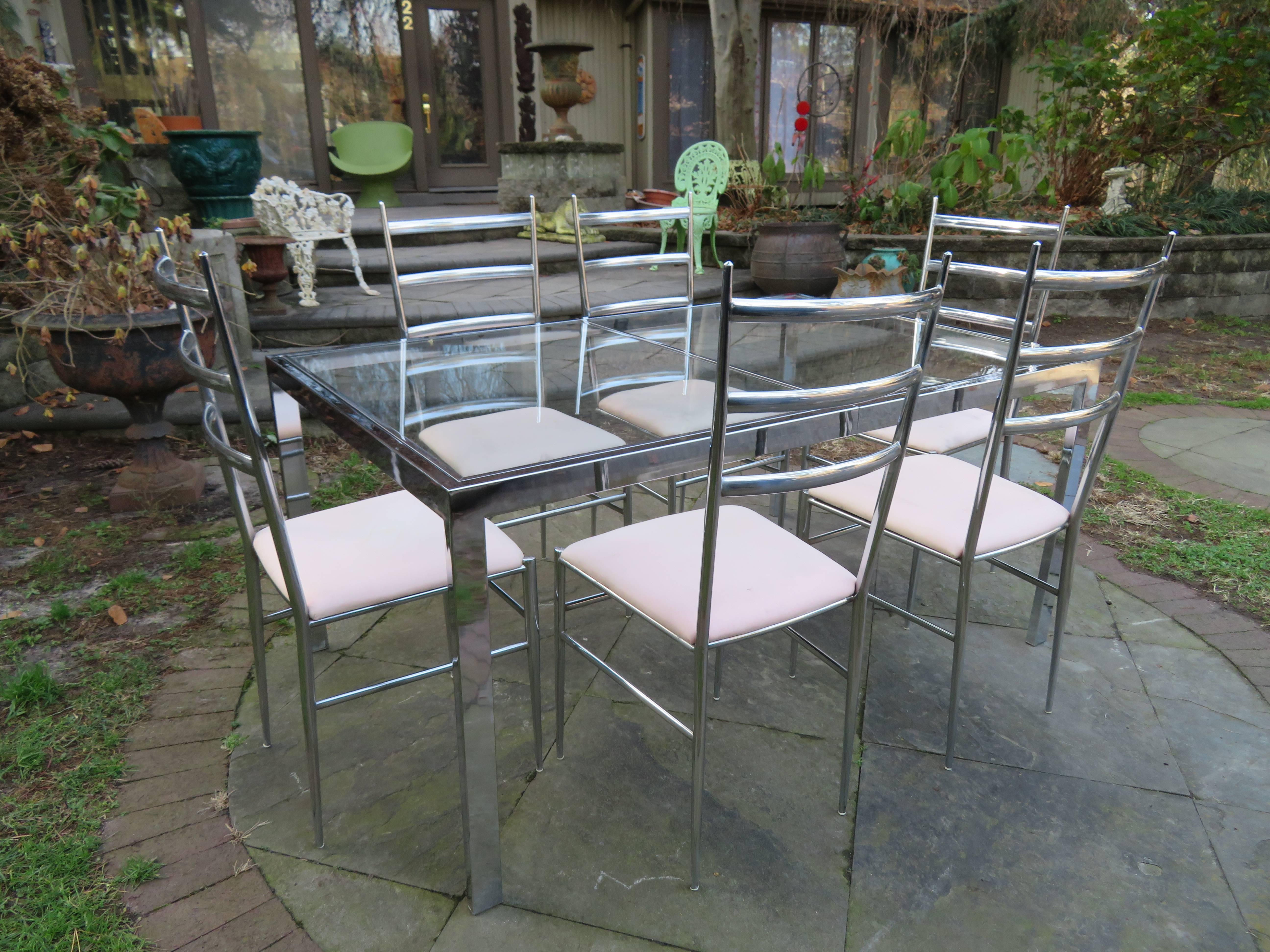 Late 20th Century Six Chrome Ladder Back Dining Chairs in the Style of Gio Ponti Mid-Century, Set For Sale